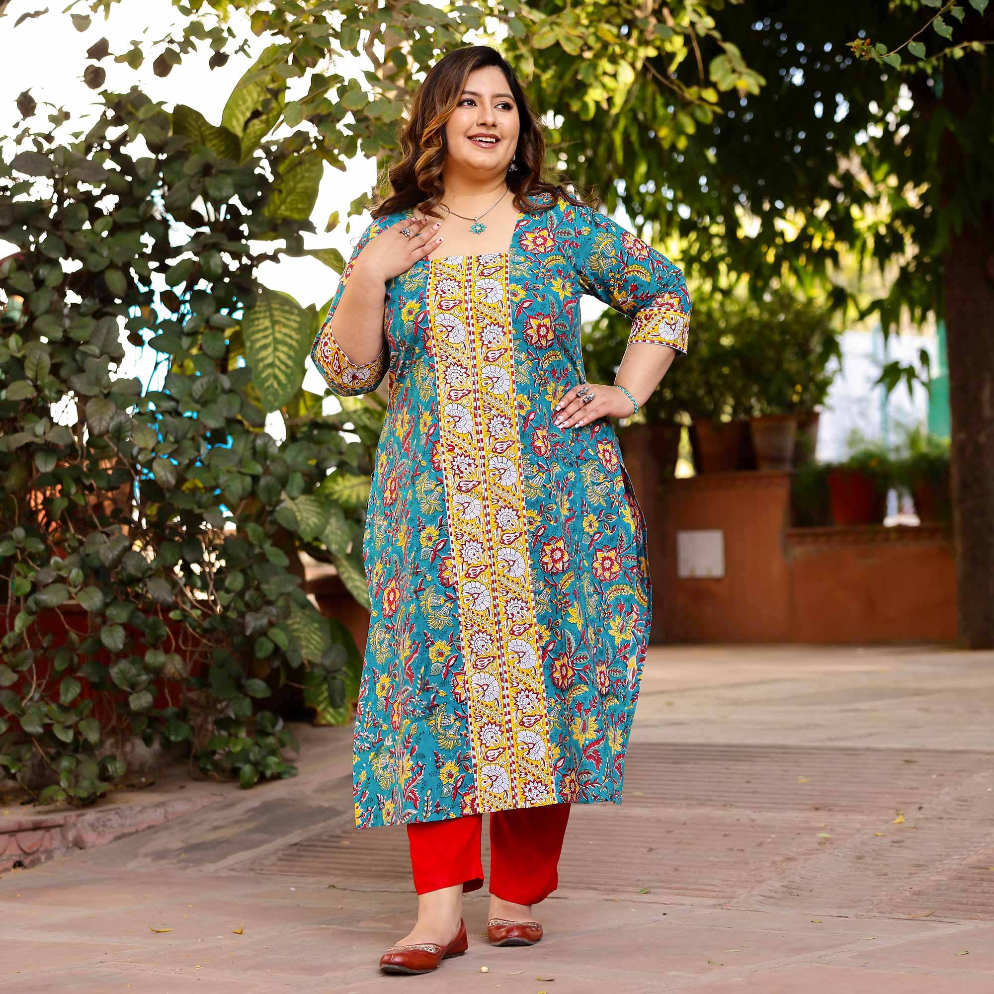 Azure & Lemon Handblock Printed Floral Cotton Kurta