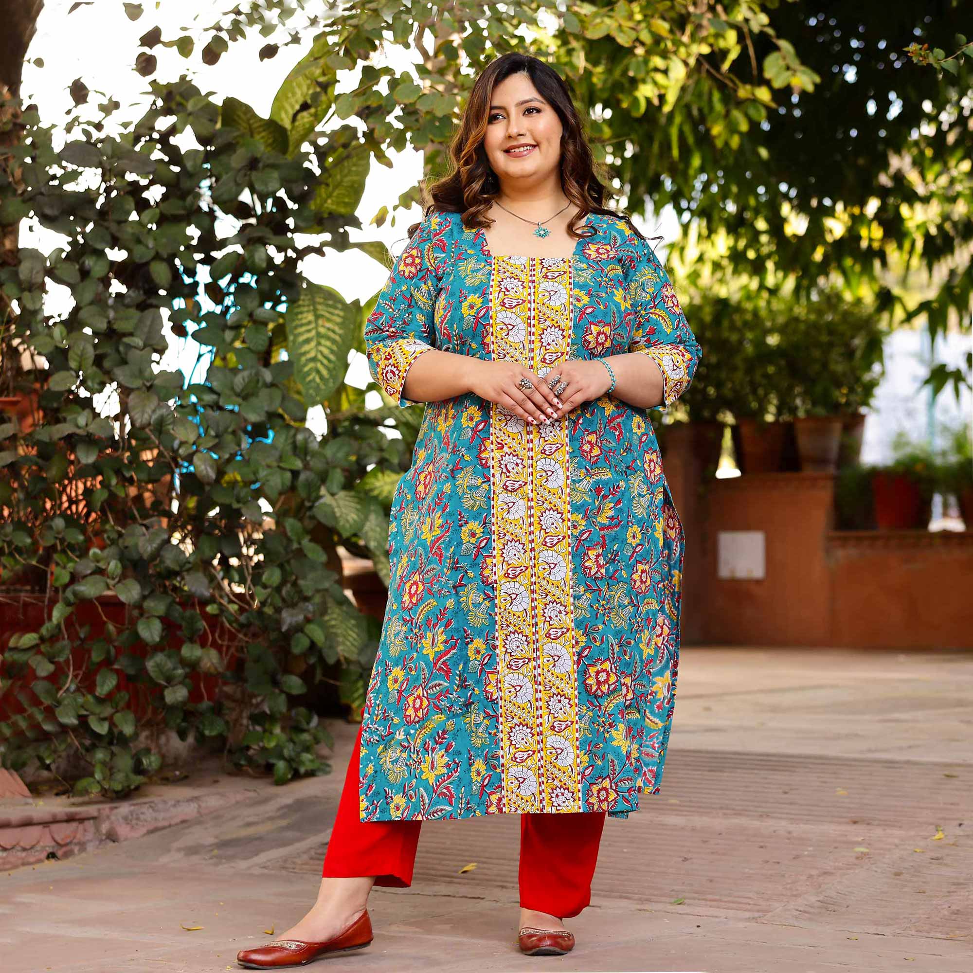Azure & Lemon Handblock Printed Floral Cotton Kurta