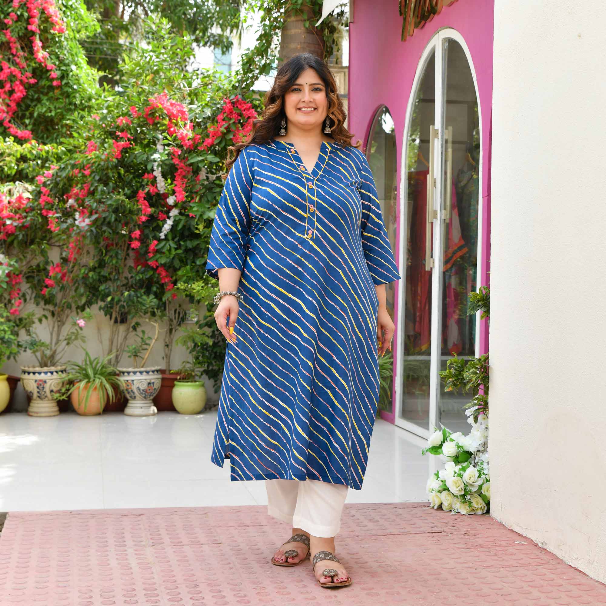 Neel Leher- Dark Blue & Yellow Leheriya Pure Cotton Kurta