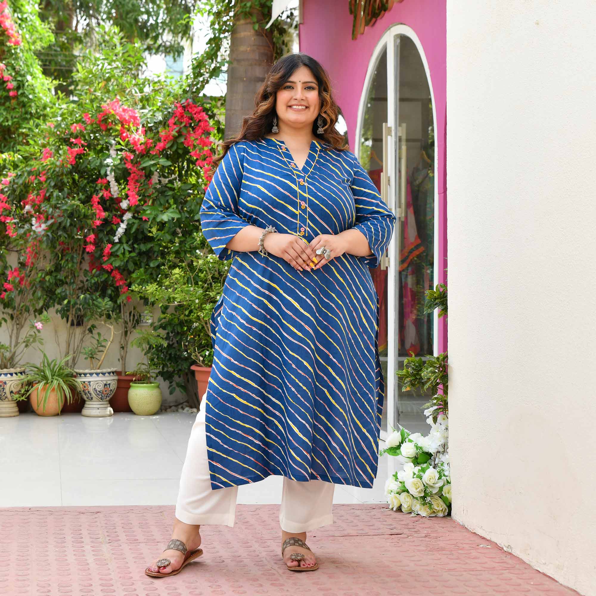 Neel Leher- Dark Blue & Yellow Leheriya Pure Cotton Kurta