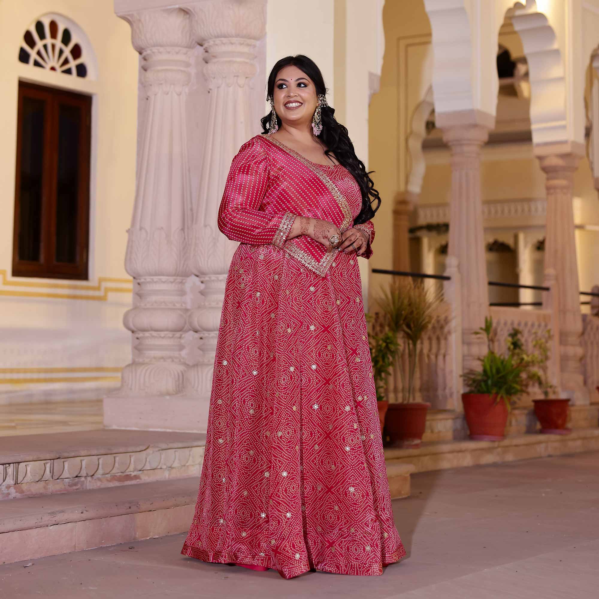 Blushing Hibiscus Bandhani Pure Tissue Silk Anarkali With Asymmetrical Cape