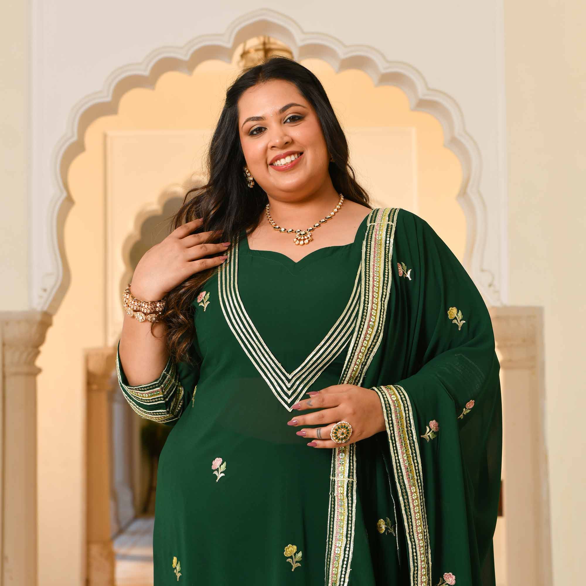 Worth it- Bottle Green Thread & Gota Embroidered Georgette Kurta Cape Set