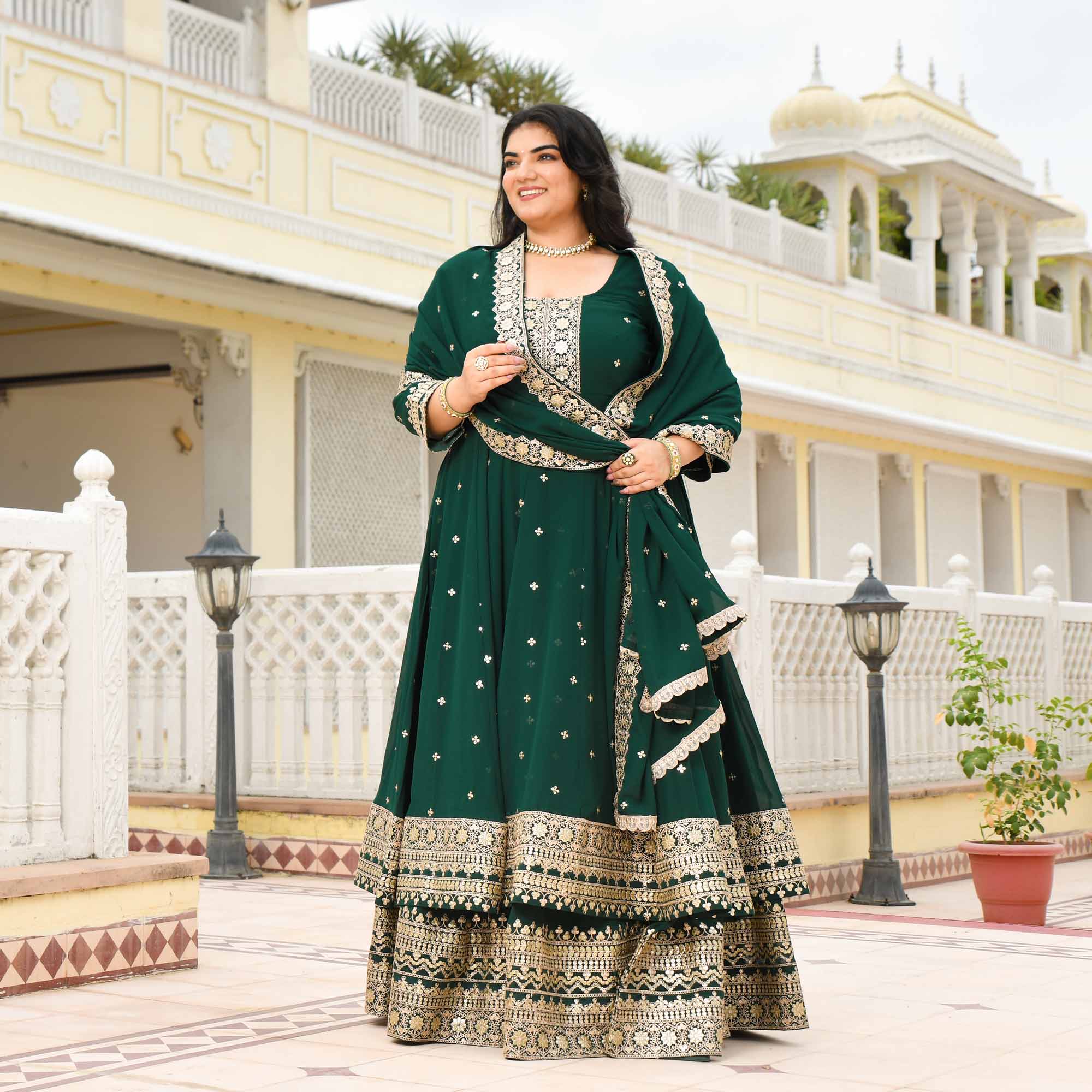 Ghevar- Peacock Green Georgette Embroidered Anarkali Lehenga Set