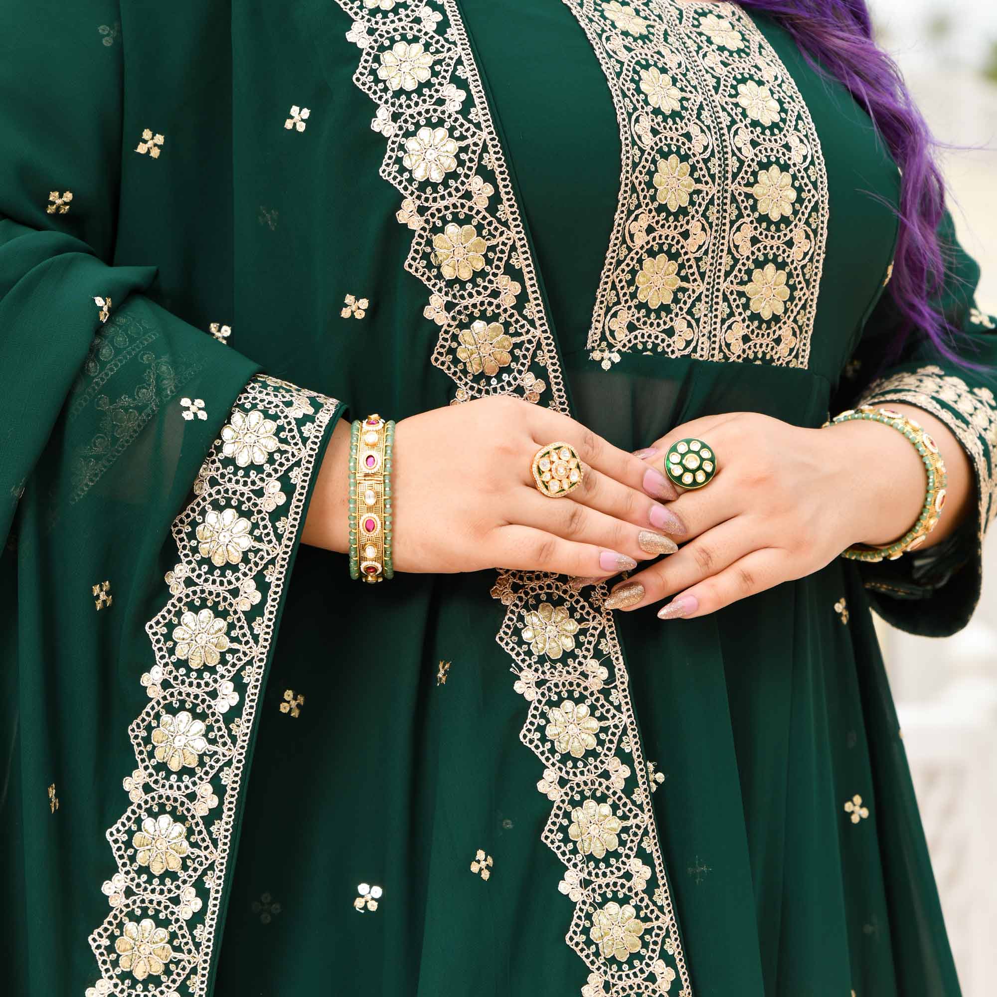 Ghevar- Peacock Green Georgette Embroidered Anarkali Lehenga Set