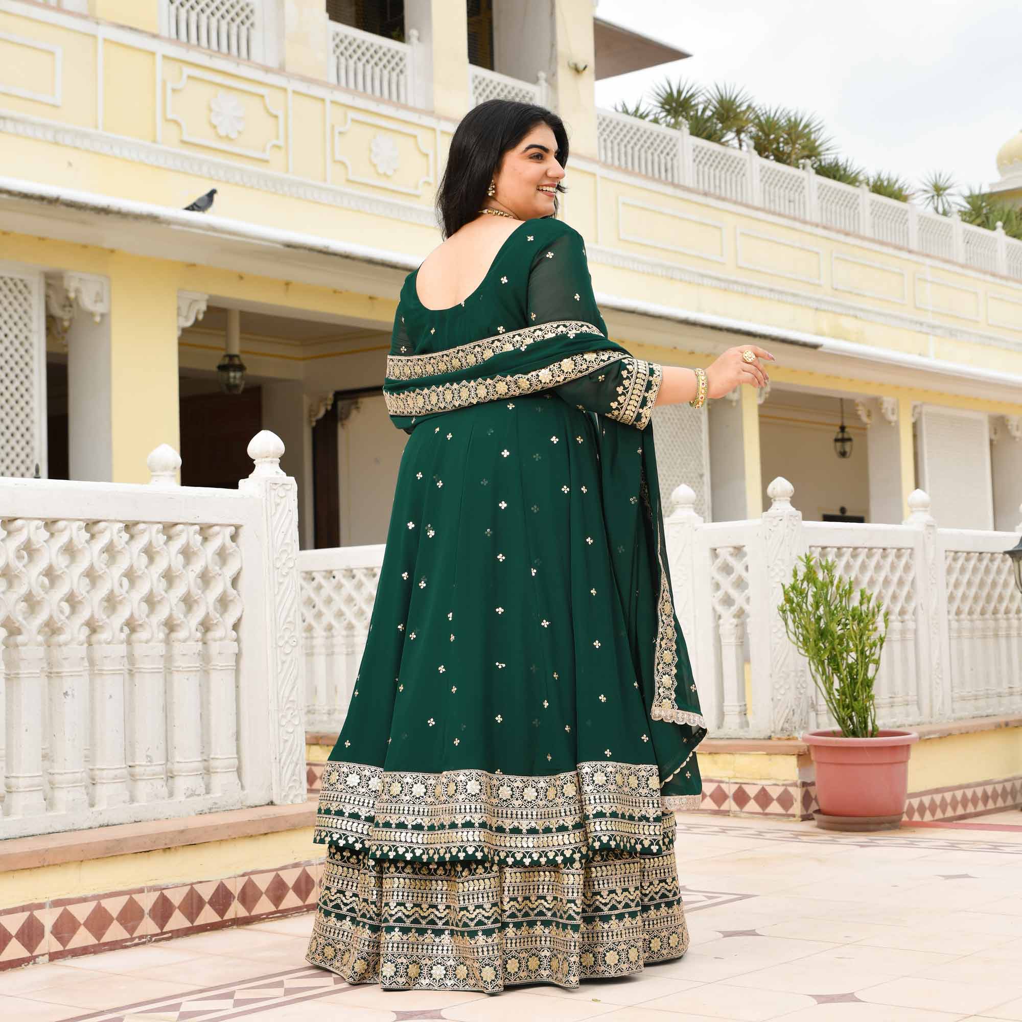 Ghevar- Peacock Green Georgette Embroidered Anarkali Lehenga Set
