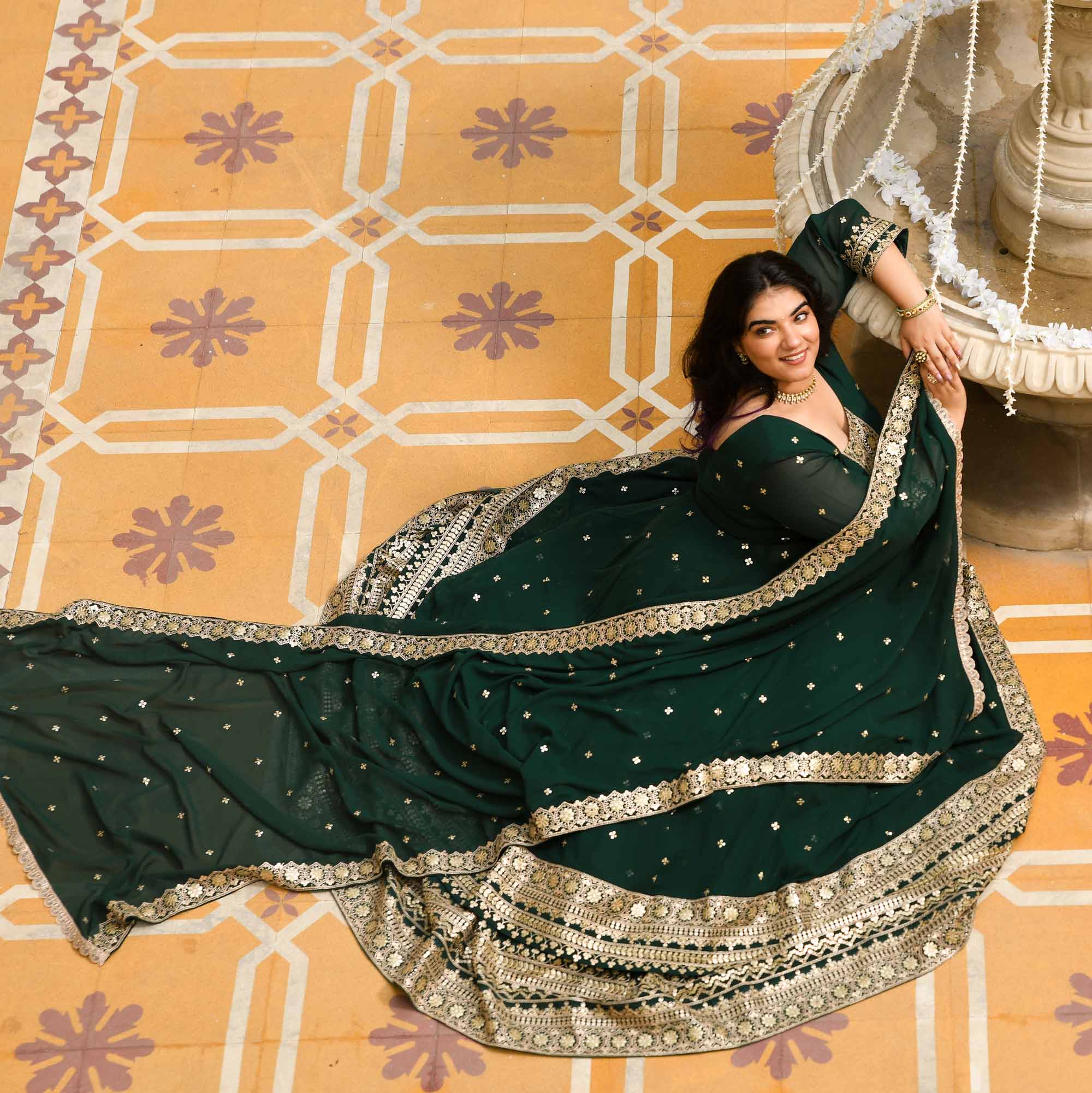 Ghevar- Peacock Green Georgette Embroidered Anarkali Lehenga Set