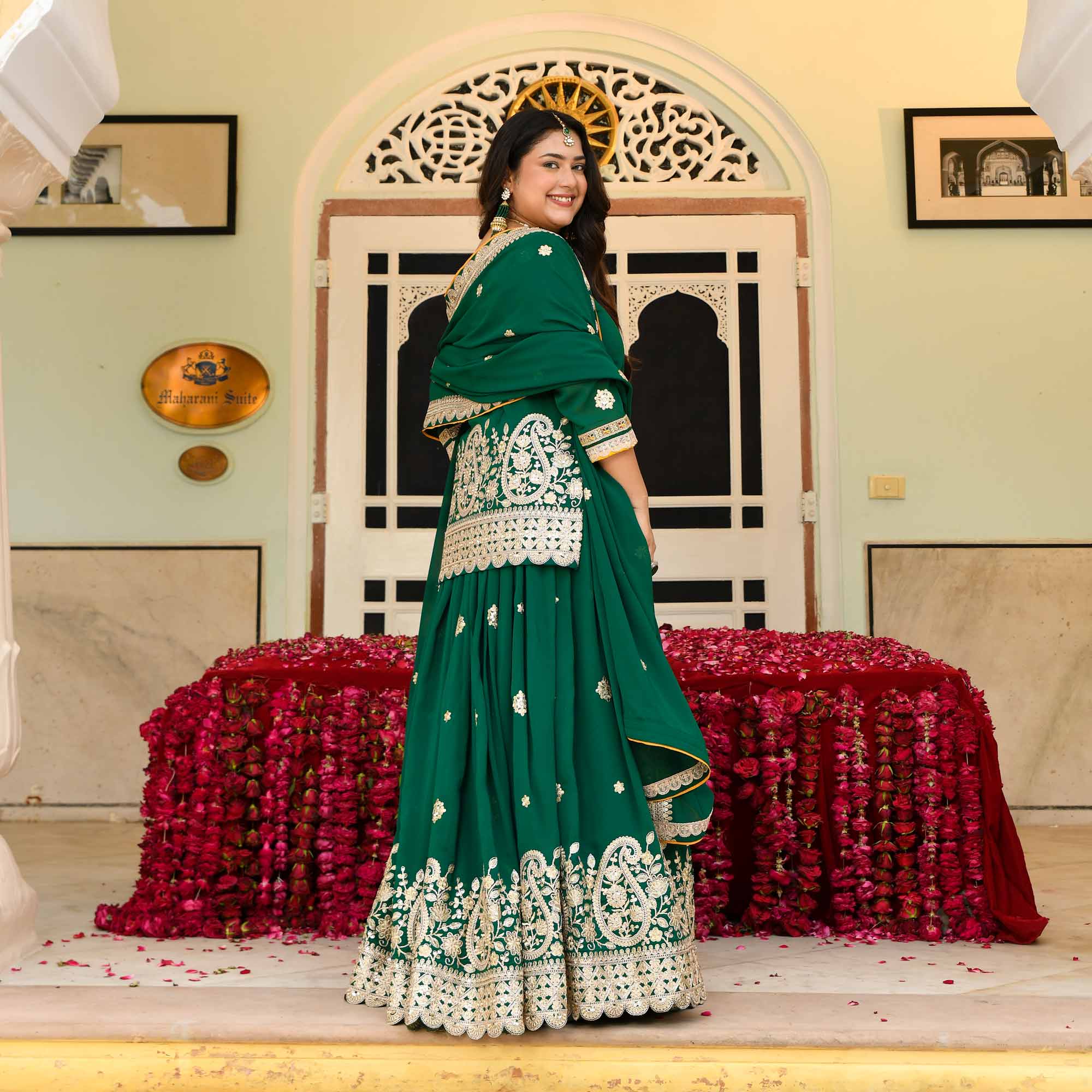 Pan Petha- Dark Green Paisley Embroidered Georgette Lehenga Set