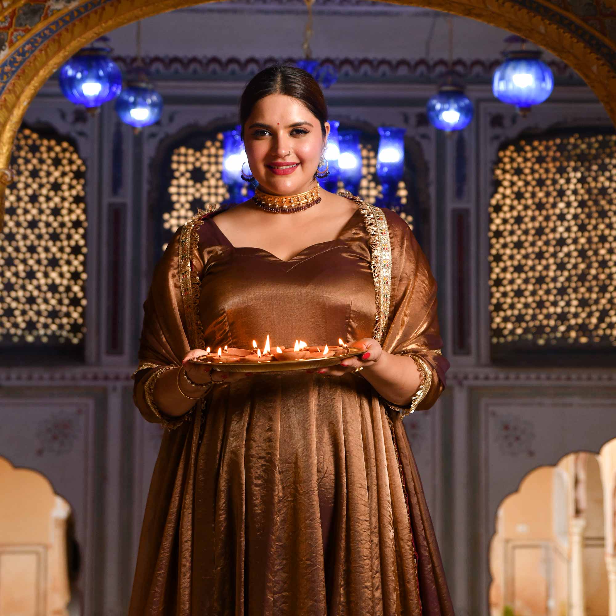 Chamakta Taaj- Copper & Gold Tissue Silk Anarkali Set