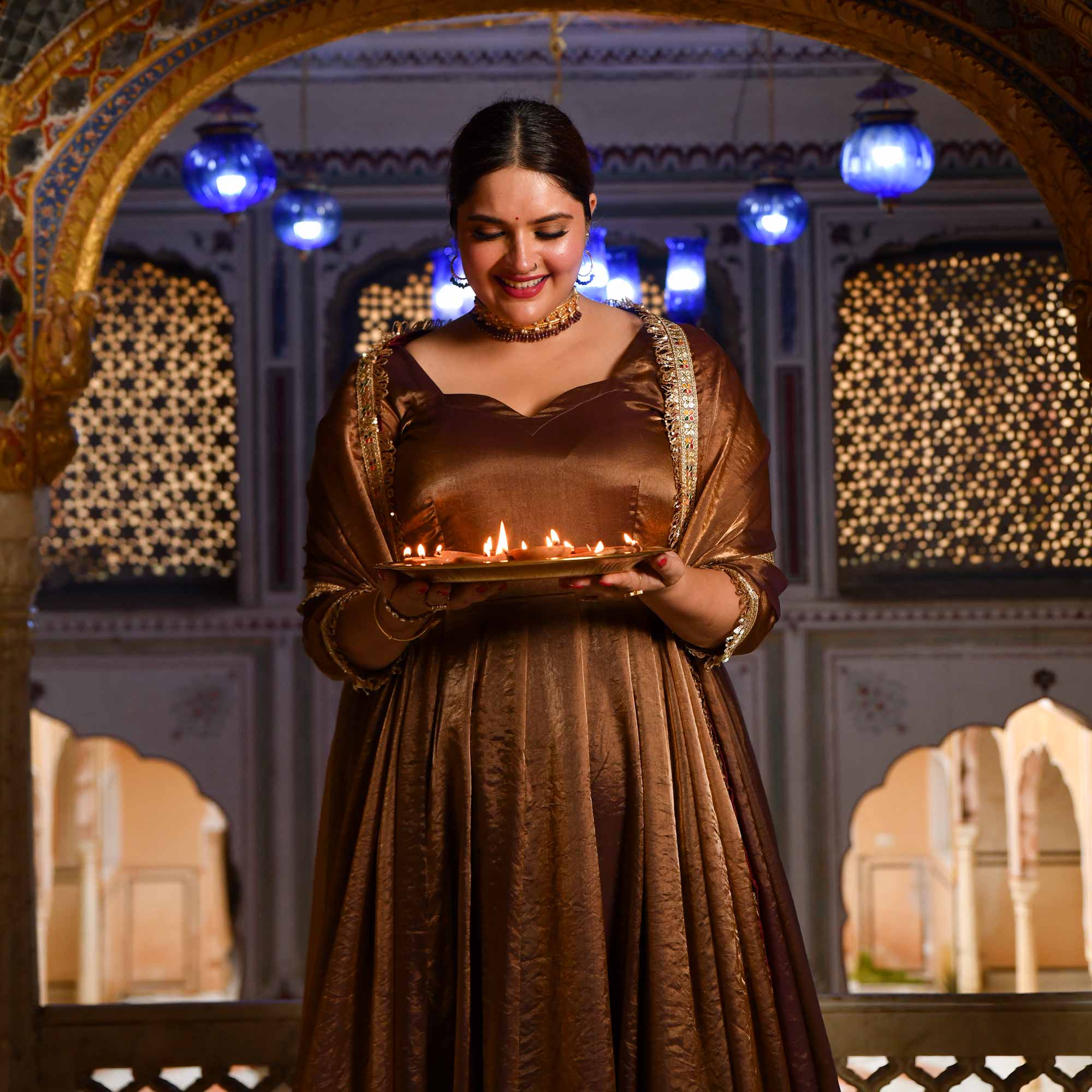 Chamakta Taaj- Copper & Gold Tissue Silk Anarkali Set