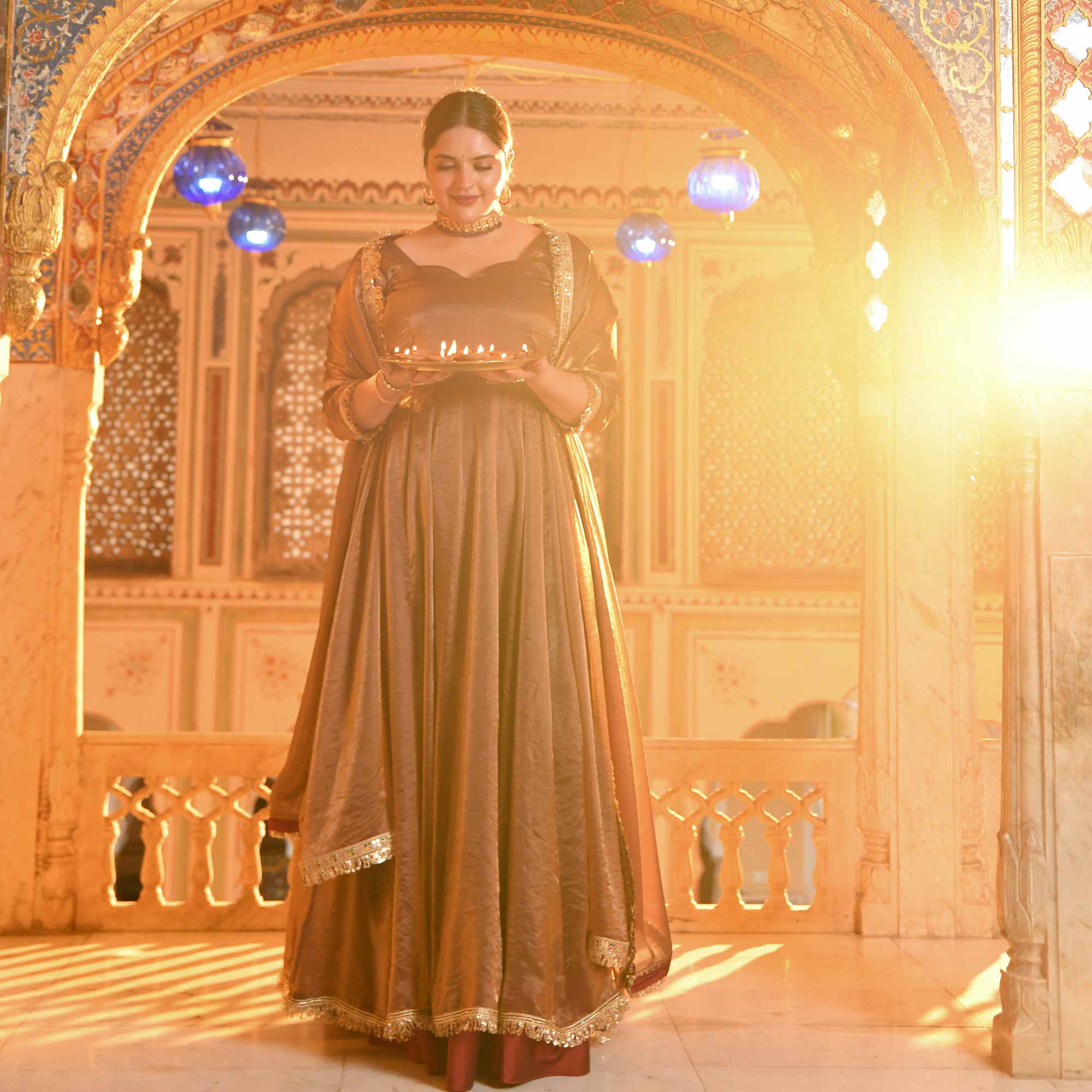 Chamakta Taaj- Copper & Gold Tissue Silk Anarkali Set