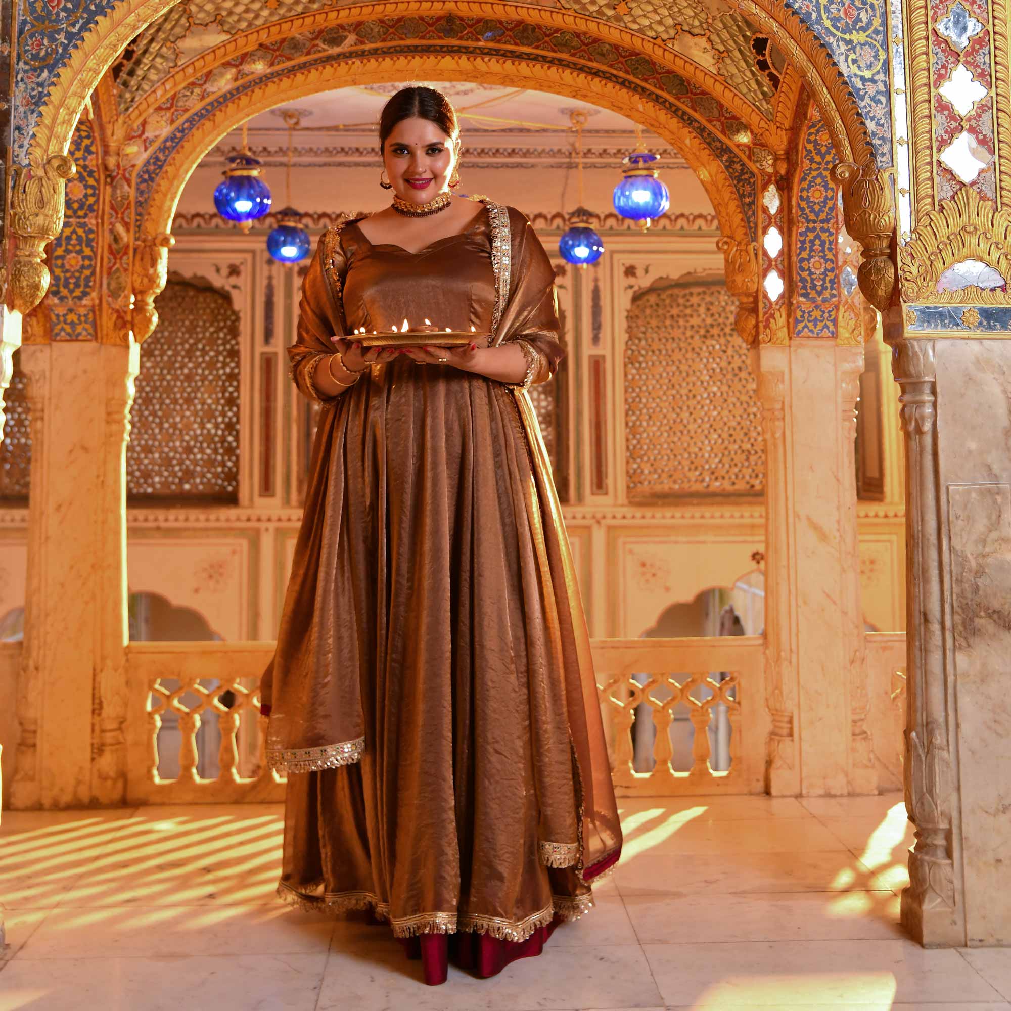 Chamakta Taaj- Copper & Gold Tissue Silk Anarkali Set