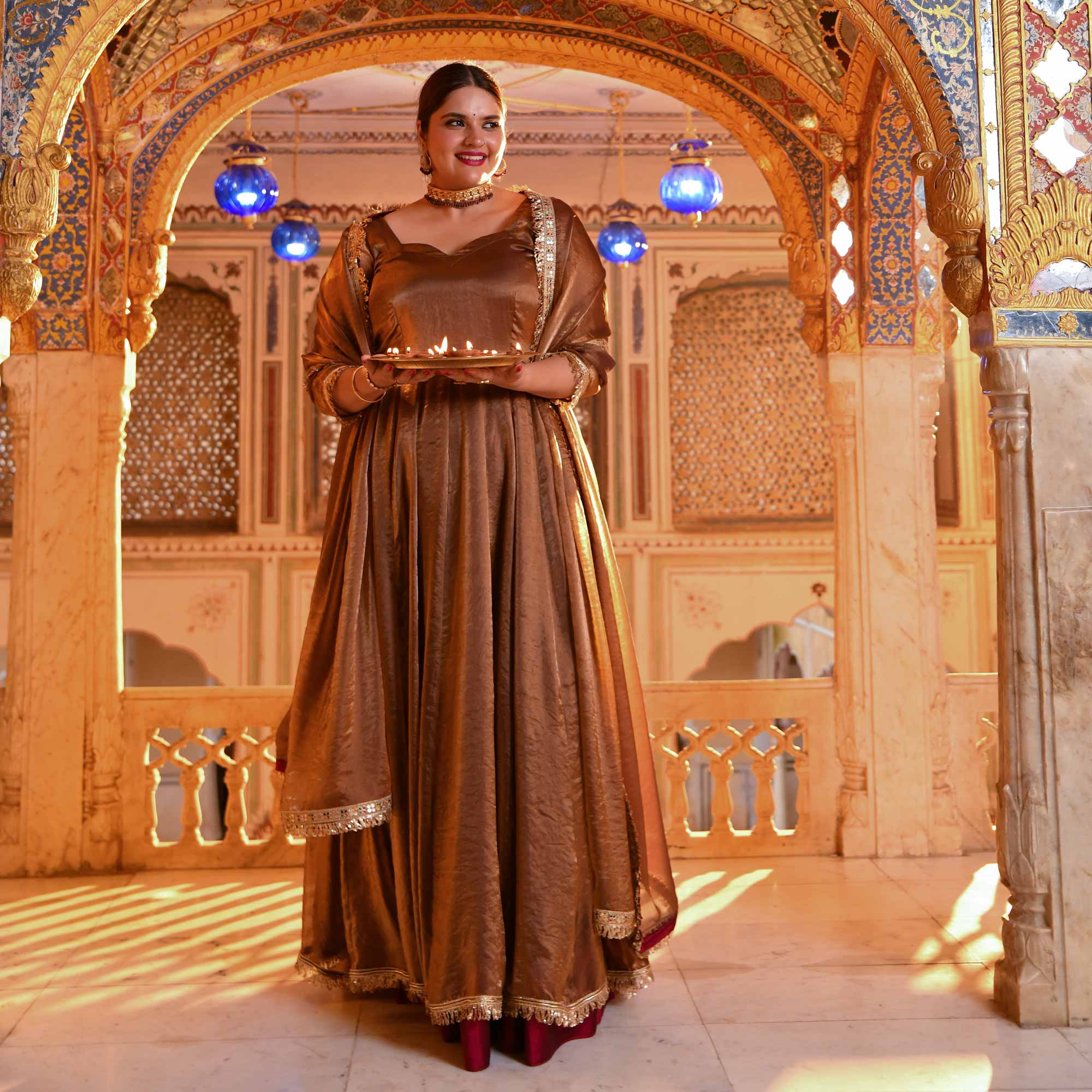 Chamakta Taaj- Copper & Gold Tissue Silk Anarkali Set
