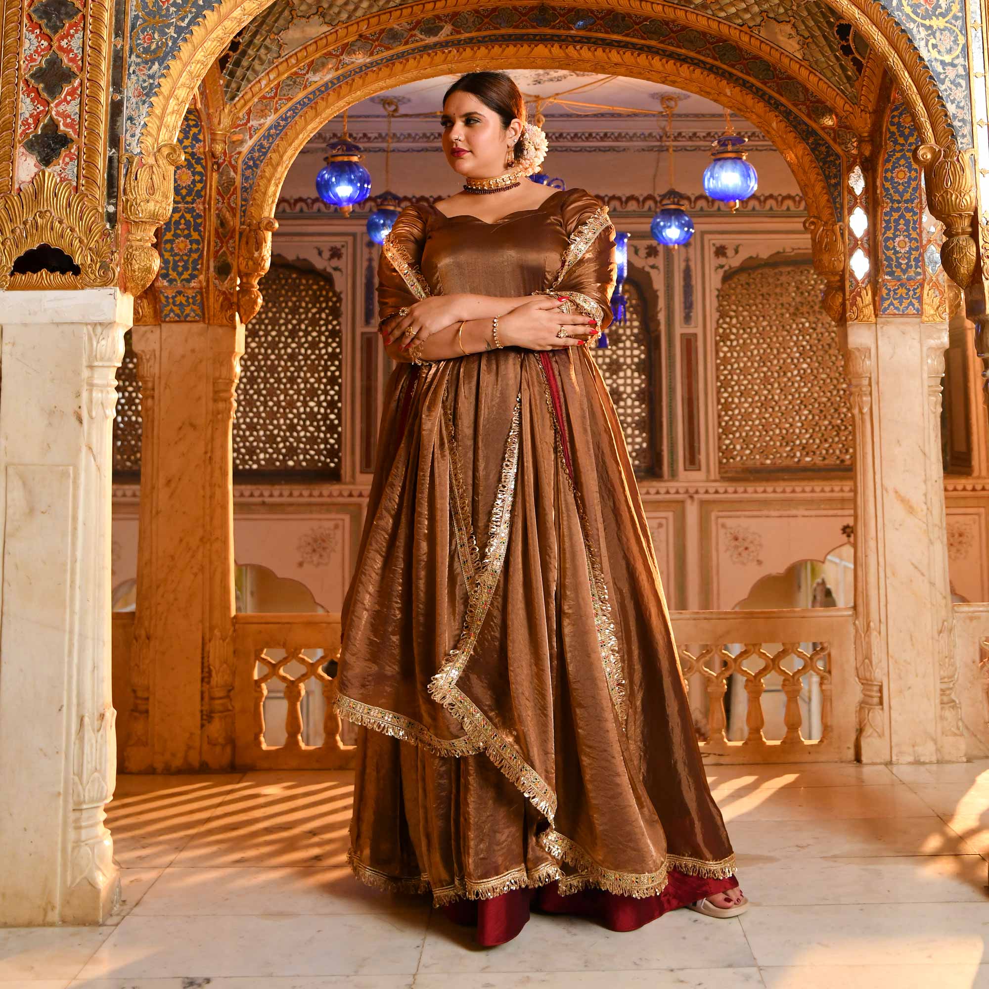 Chamakta Taaj- Copper & Gold Tissue Silk Anarkali Set