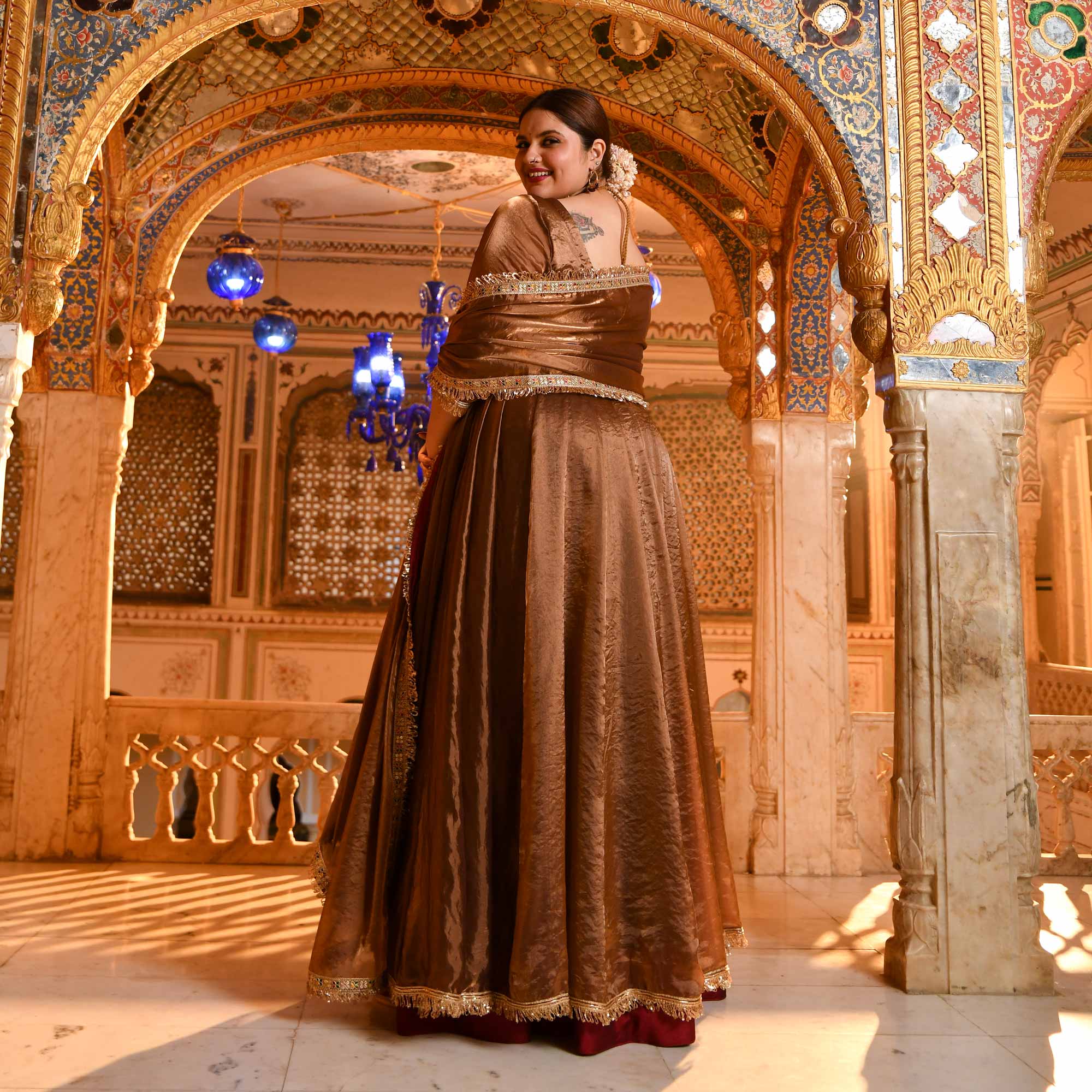 Chamakta Taaj- Copper & Gold Tissue Silk Anarkali Set