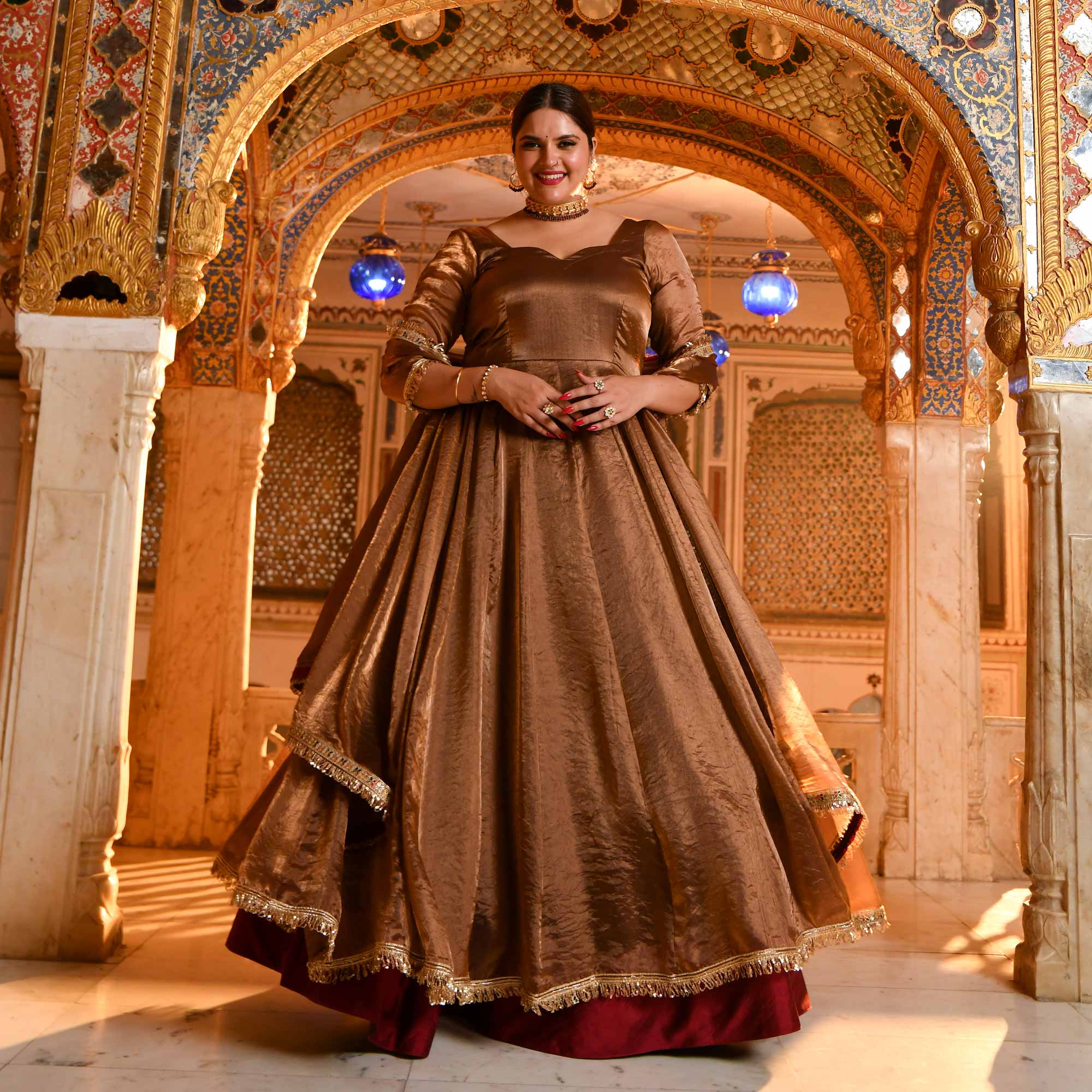 Chamakta Taaj- Copper & Gold Tissue Silk Anarkali Set Chamakta Taaj- Copper & Gold Tissue Silk Anarkali Set