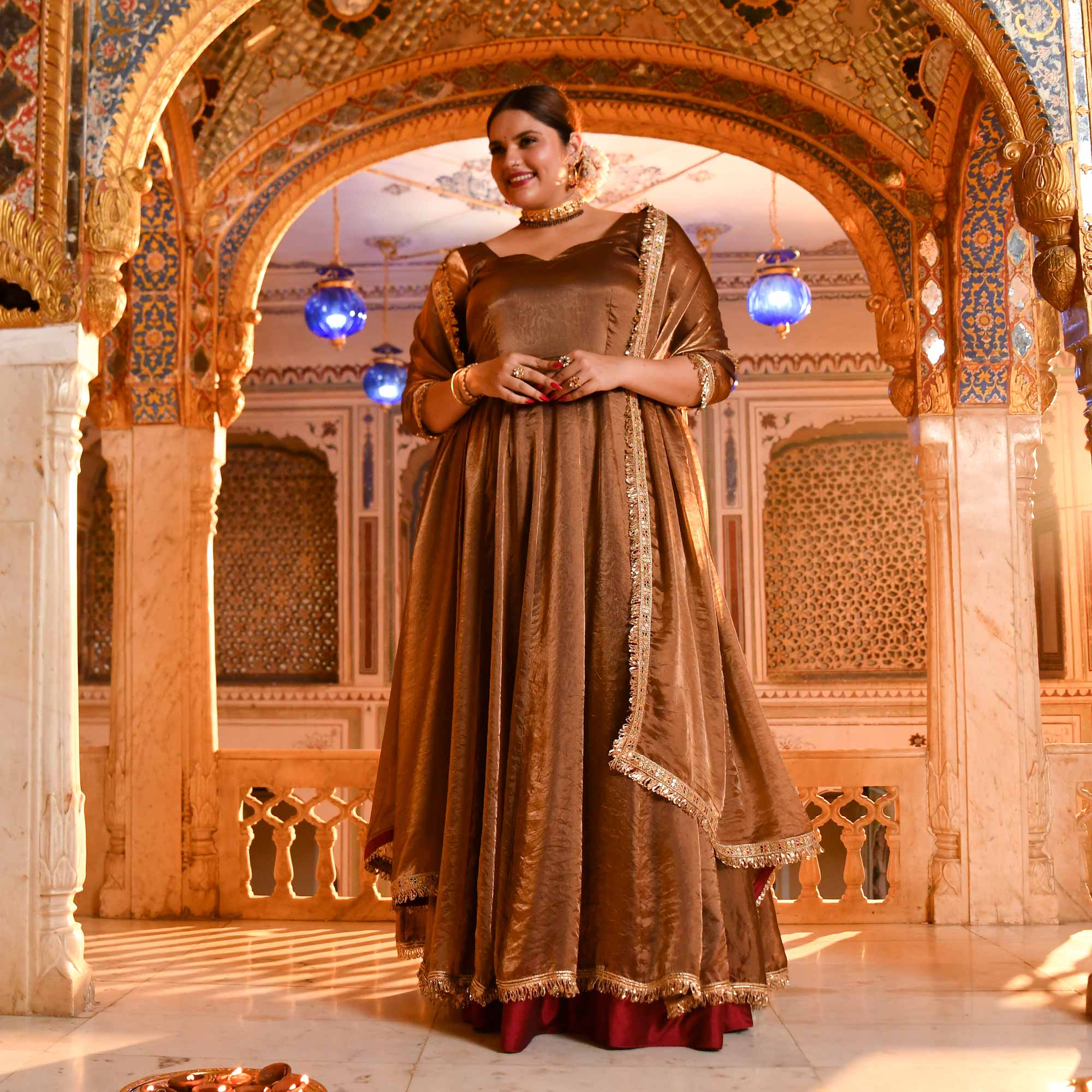 Chamakta Taaj- Copper & Gold Tissue Silk Anarkali Set