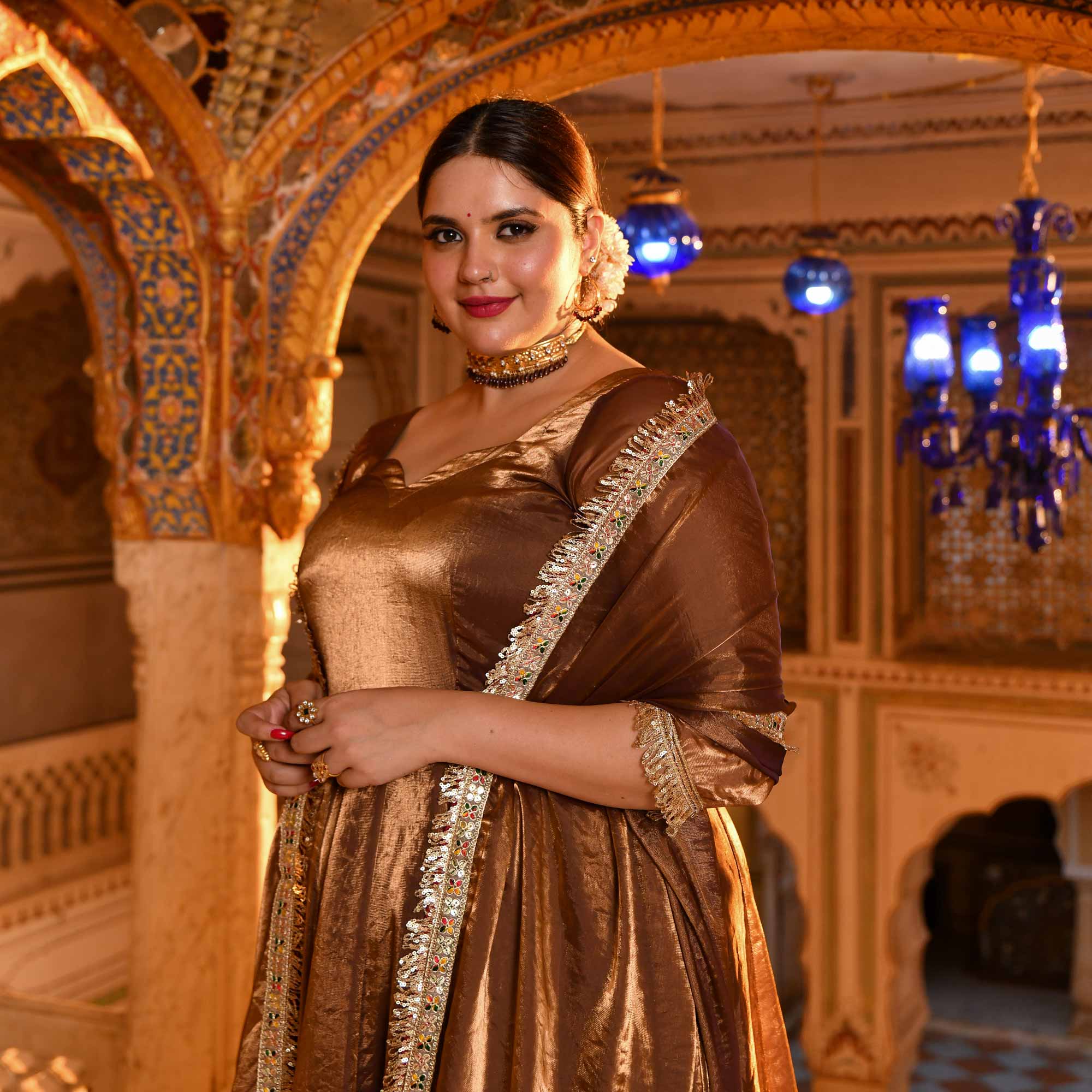 Chamakta Taaj- Copper & Gold Tissue Silk Anarkali Set