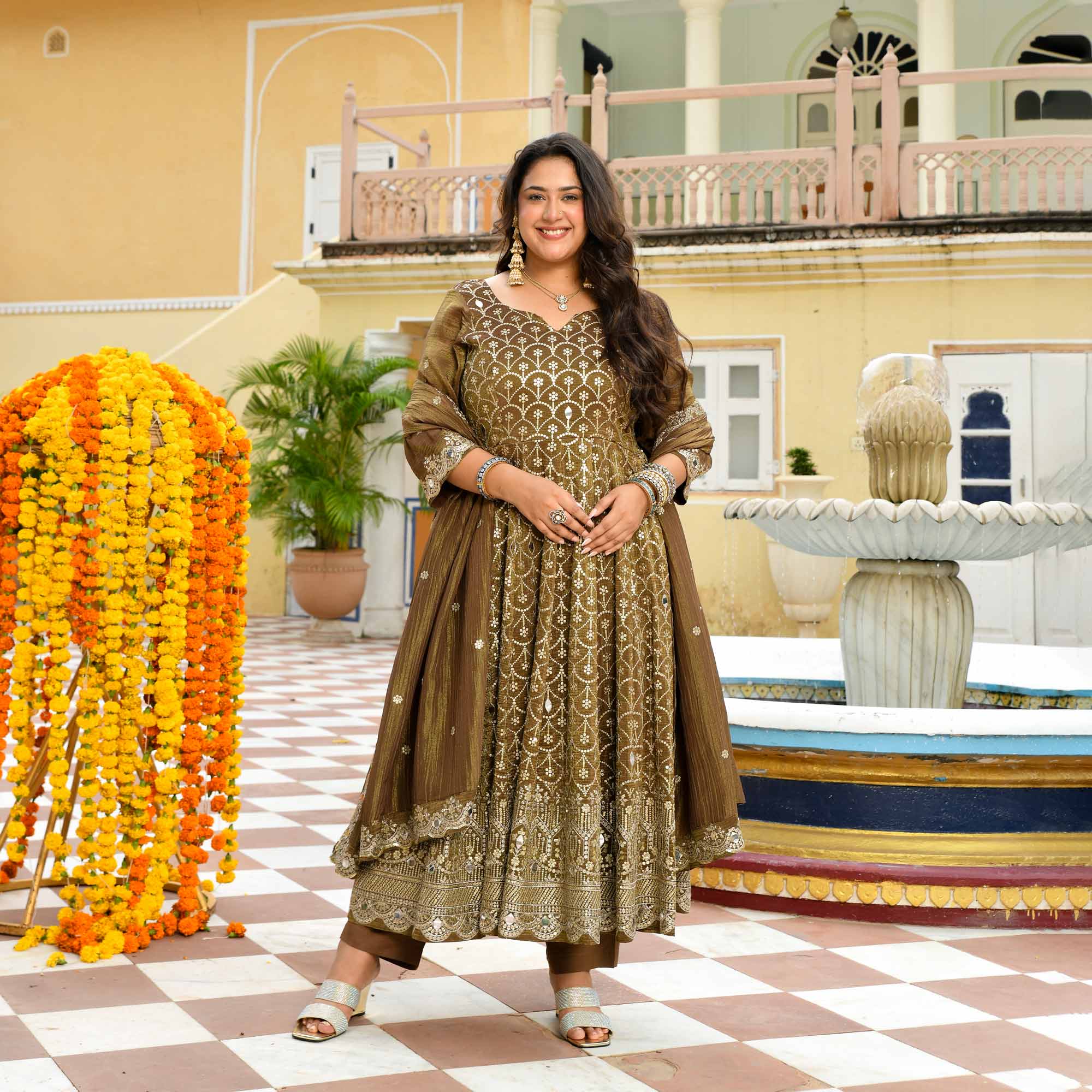 Mohabaatein- Antique Bronze Pure Tissue Crush Sequin Embroidered Anarkali Set