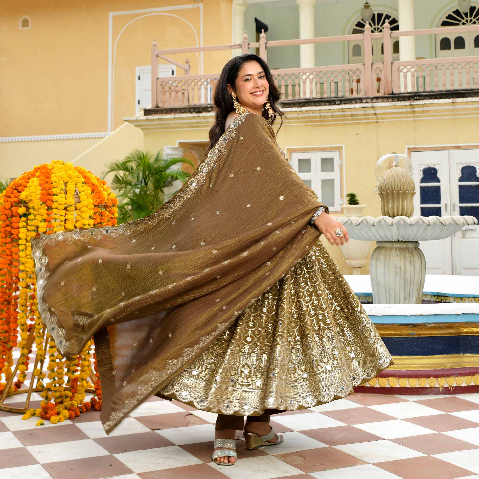 Mohabaatein- Antique Bronze Pure Tissue Crush Sequin Embroidered Anarkali Set