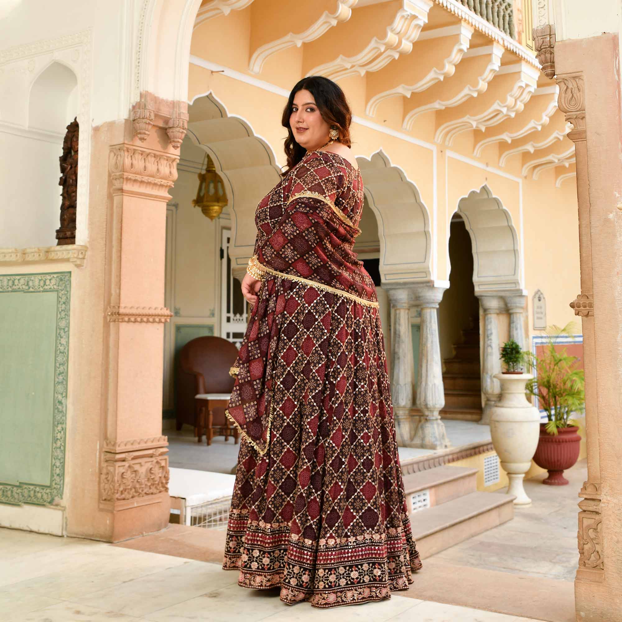 Koffee- Shades of Brown Fusion Print Zari Embroidered Cape Set
