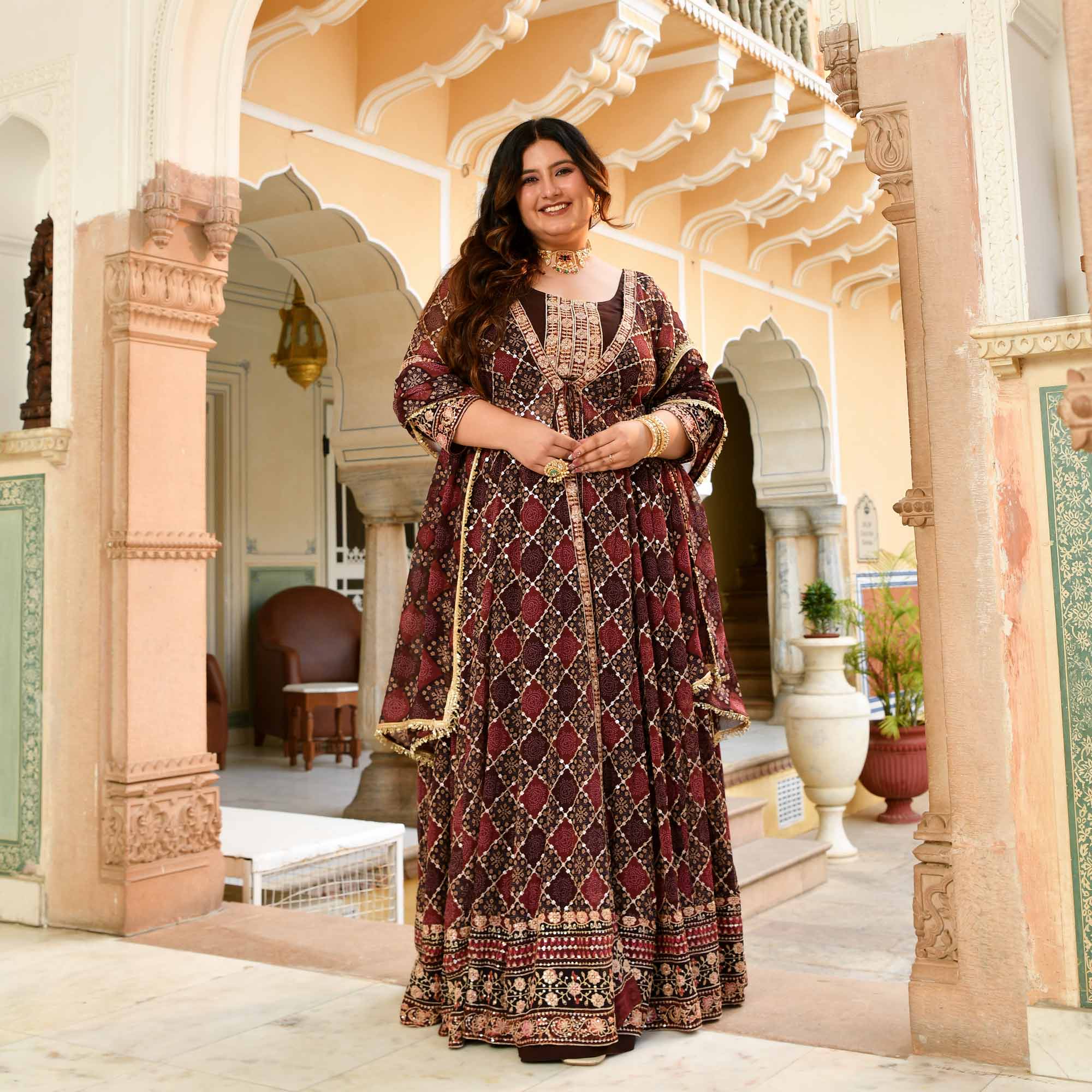 Koffee- Shades of Brown Fusion Print Zari Embroidered Cape Set