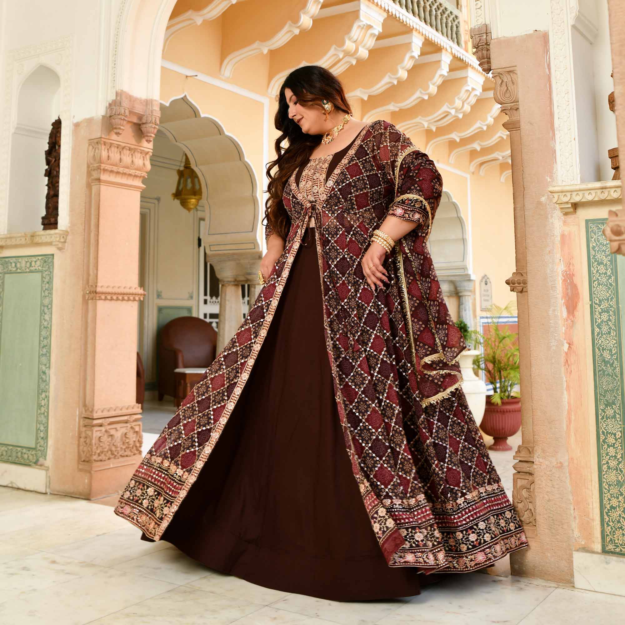 Koffee- Shades of Brown Fusion Print Zari Embroidered Cape Set
