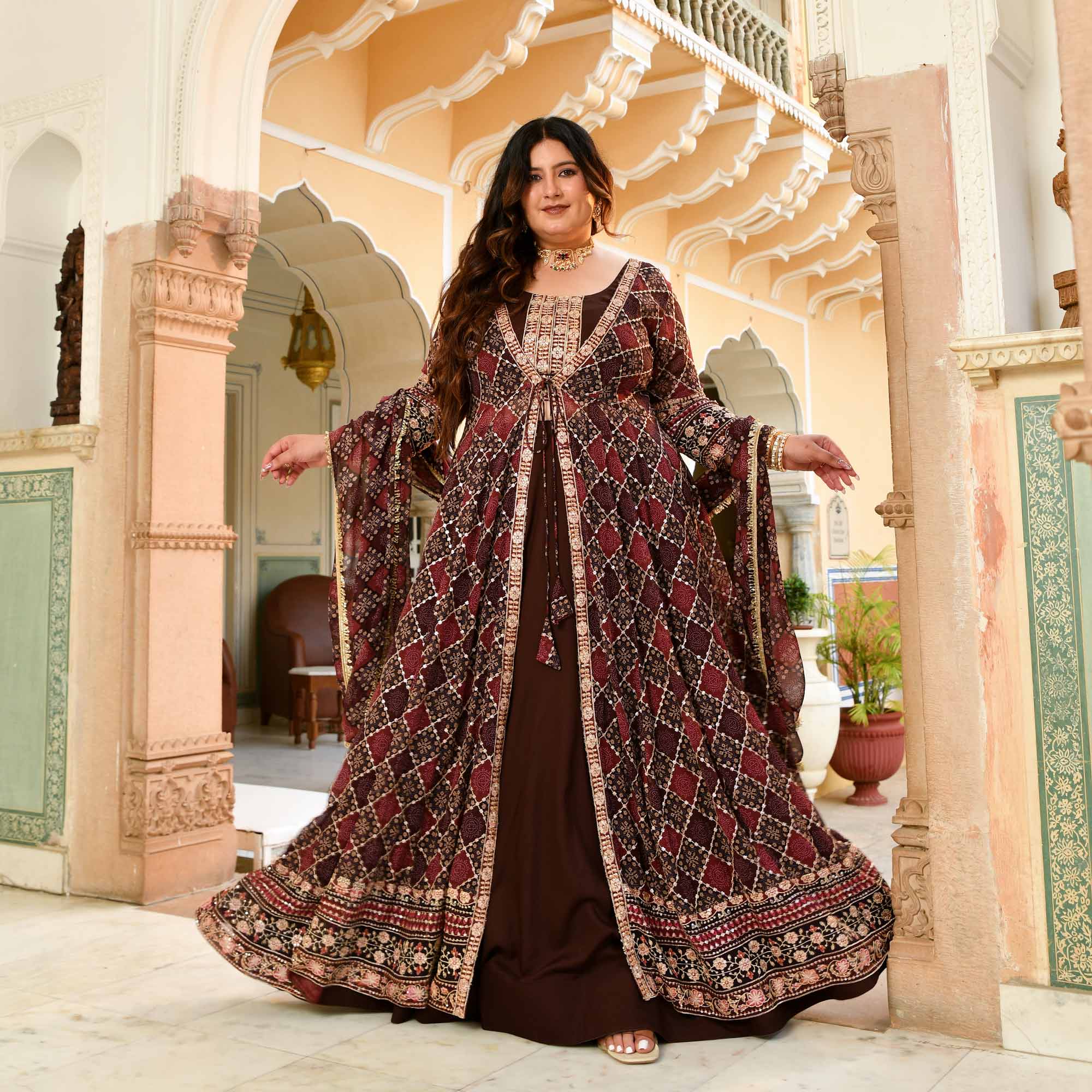 Koffee- Shades of Brown Fusion Print Zari Embroidered Cape Set