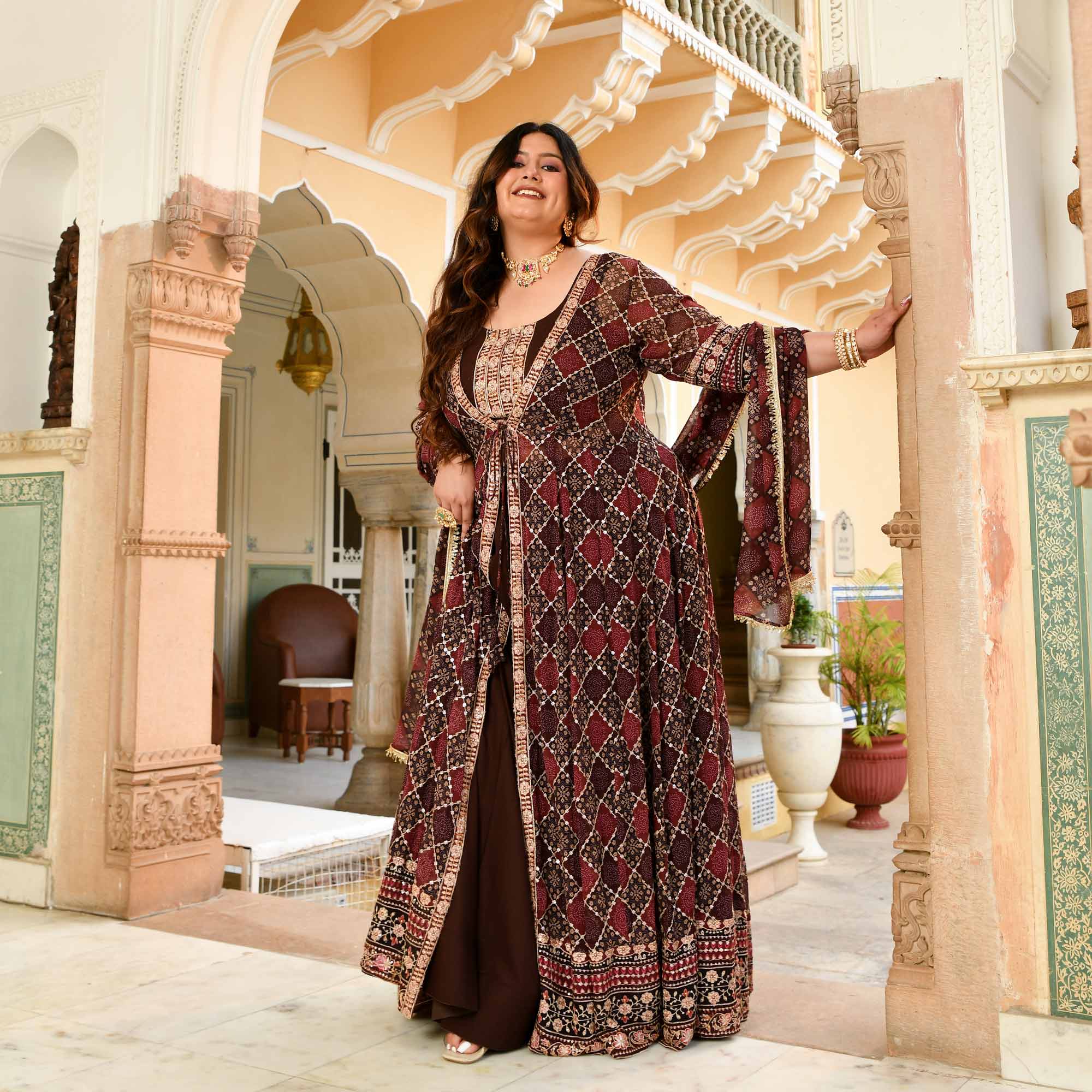 Koffee- Shades of Brown Fusion Print Zari Embroidered Cape Set