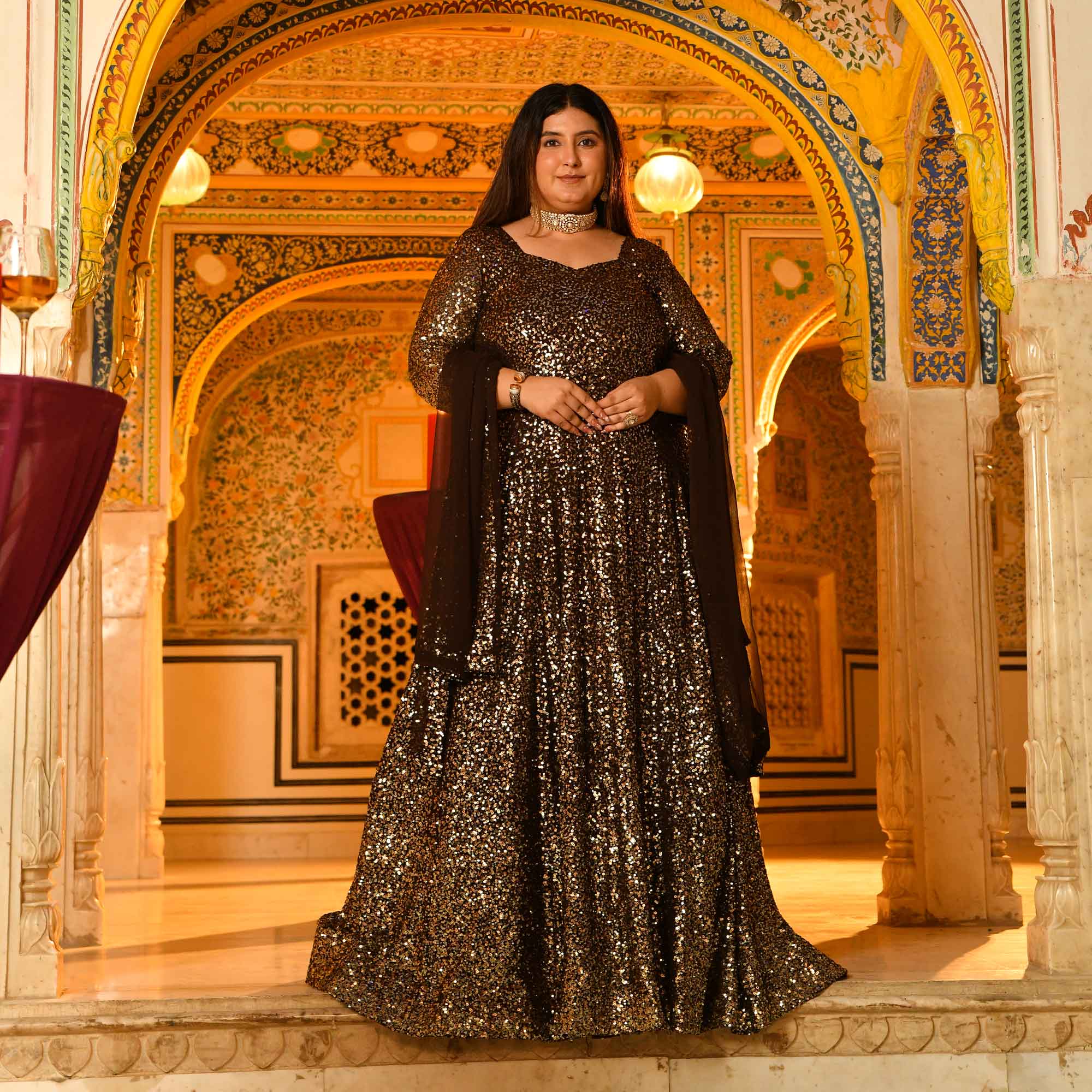 Lara- Coffee Full Sequin Embroidered Anarkali Dress