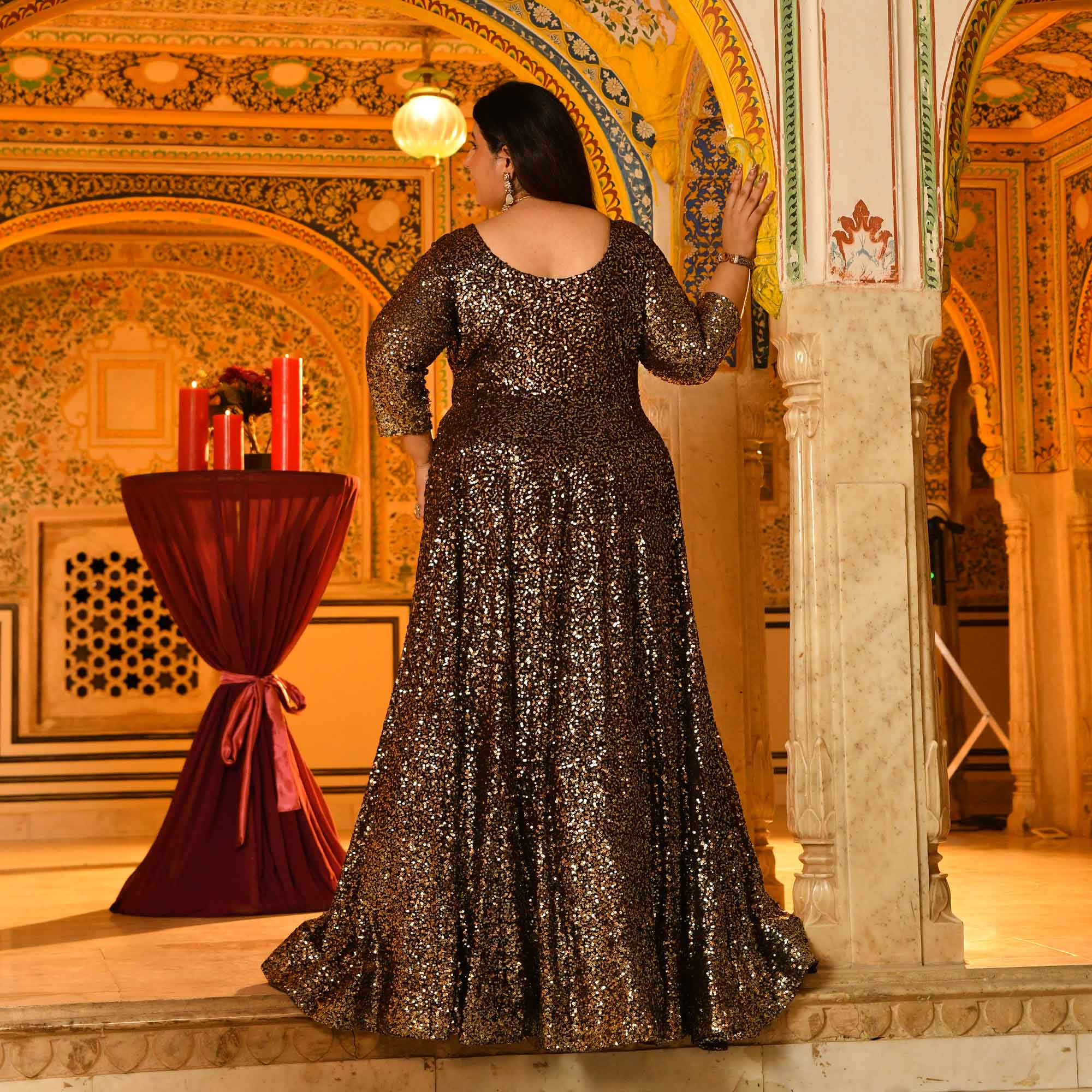 Lara- Coffee Full Sequin Embroidered Anarkali Dress