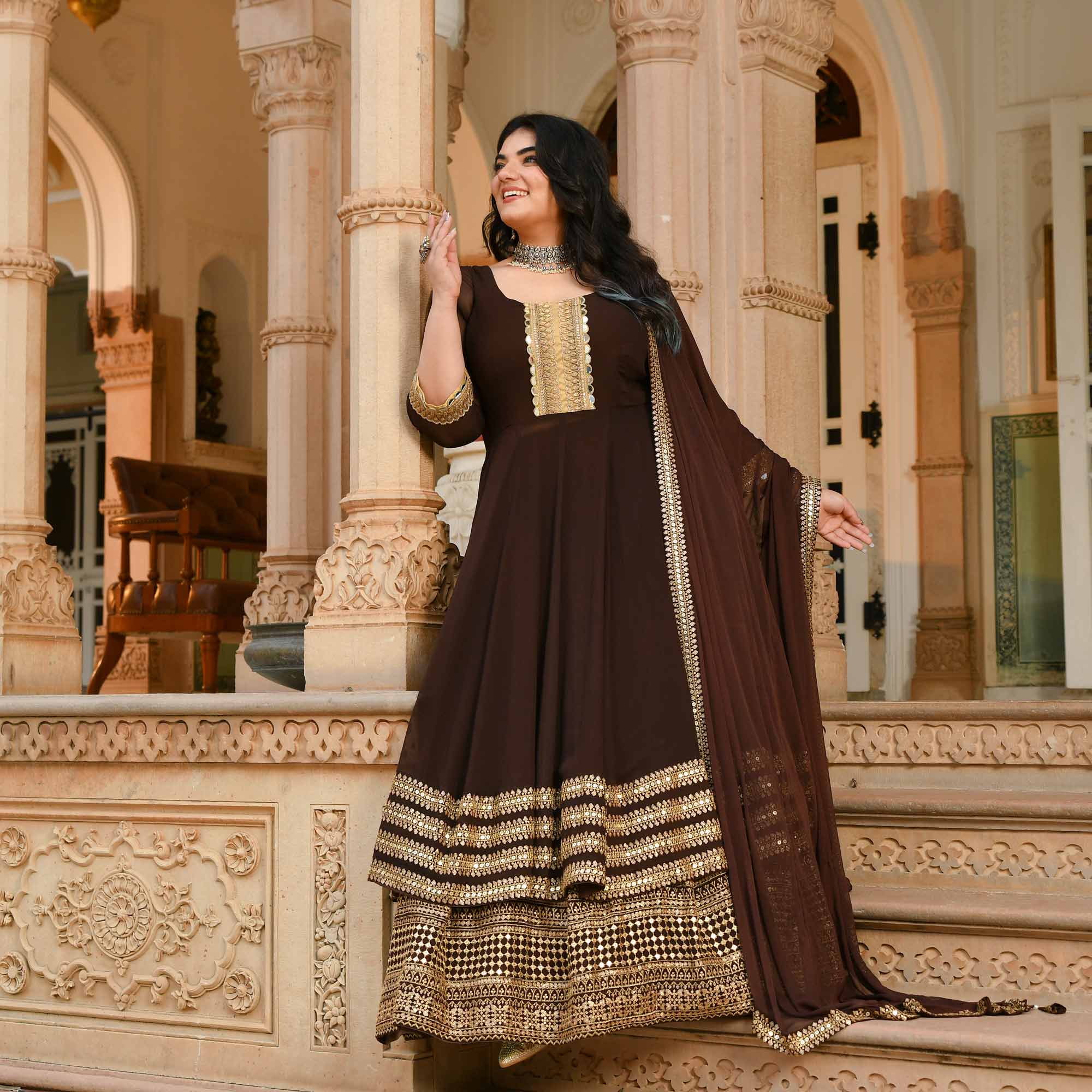 Pataudi - Queen Brown Pure Georgette Anarkali Lehenga Set