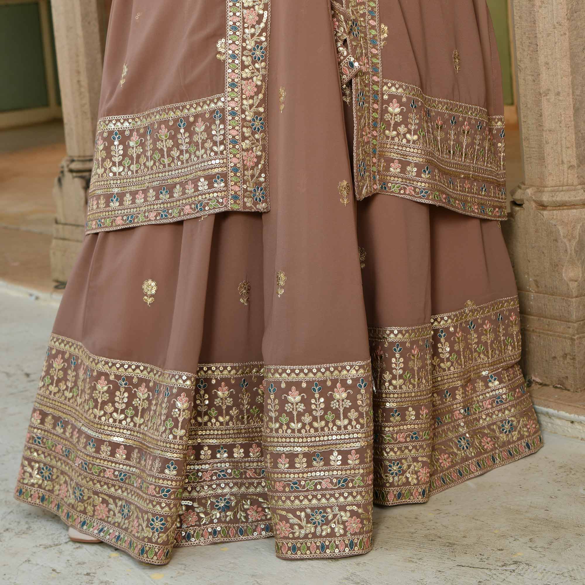 Kulfi- Clay Biscuit Embroidered Georgette Cape Lehenga Set