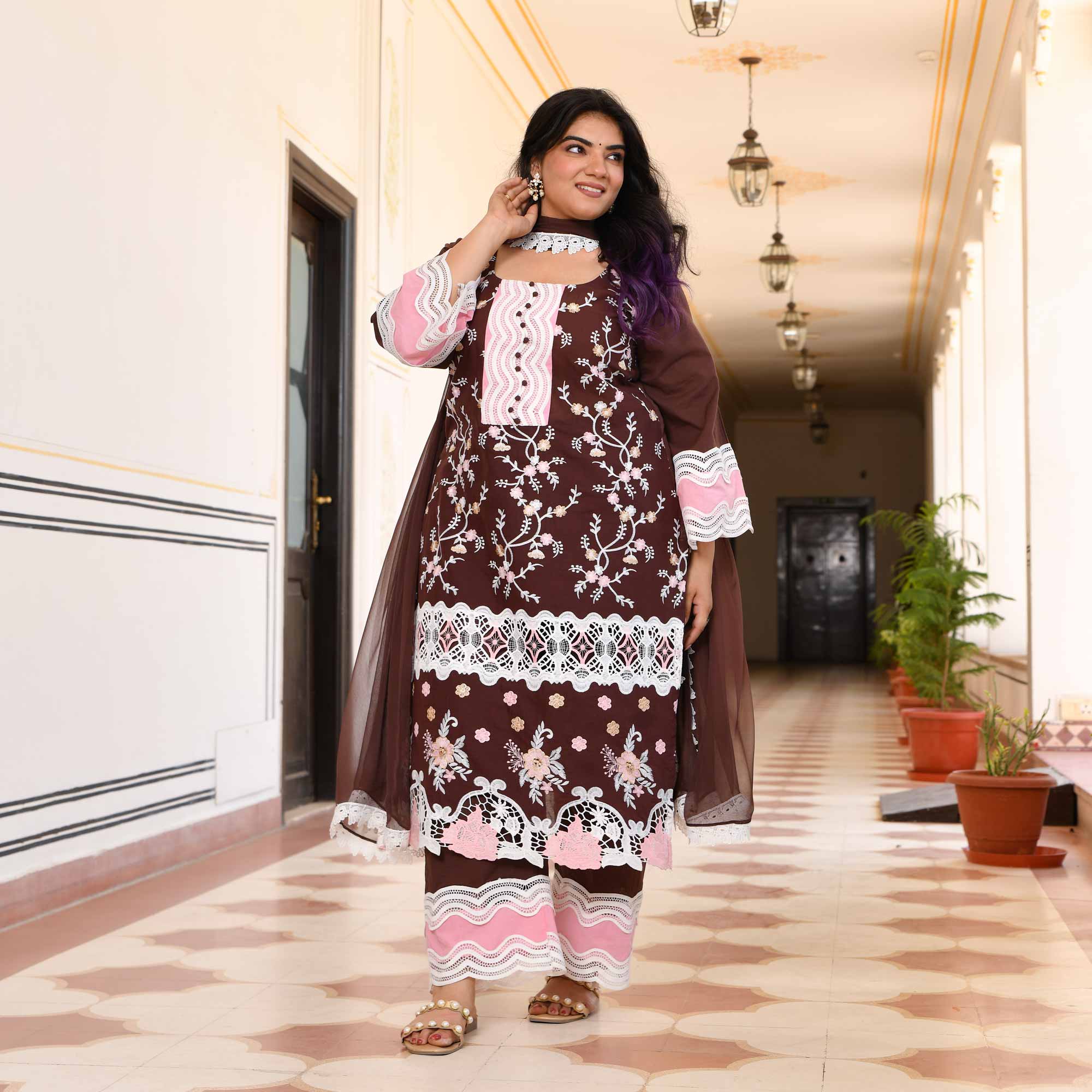 Sahaj- Deep Coffee Chikankari Embroidered Pure Cotton Suit Set