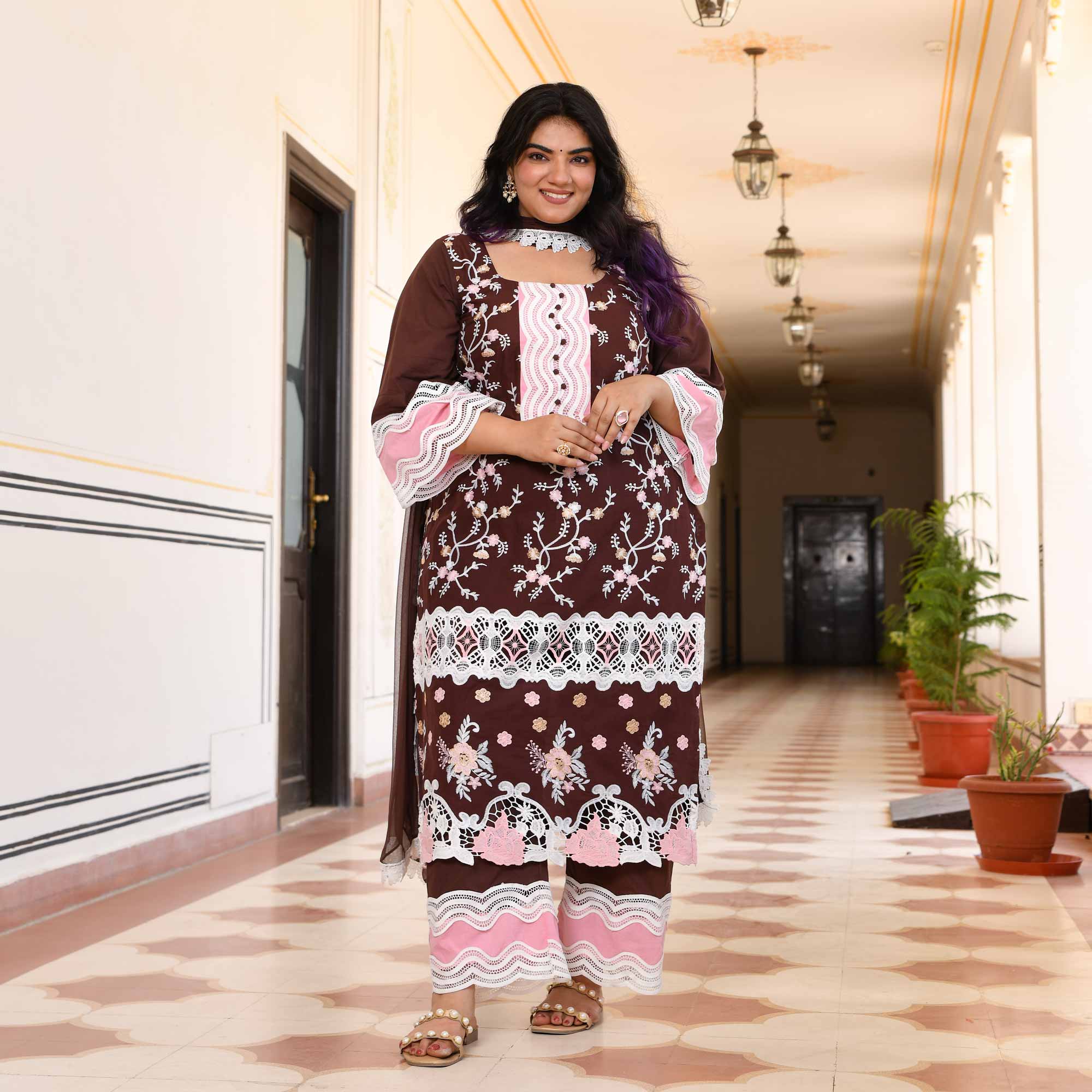 Sahaj- Deep Coffee Chikankari Embroidered Pure Cotton Suit Set