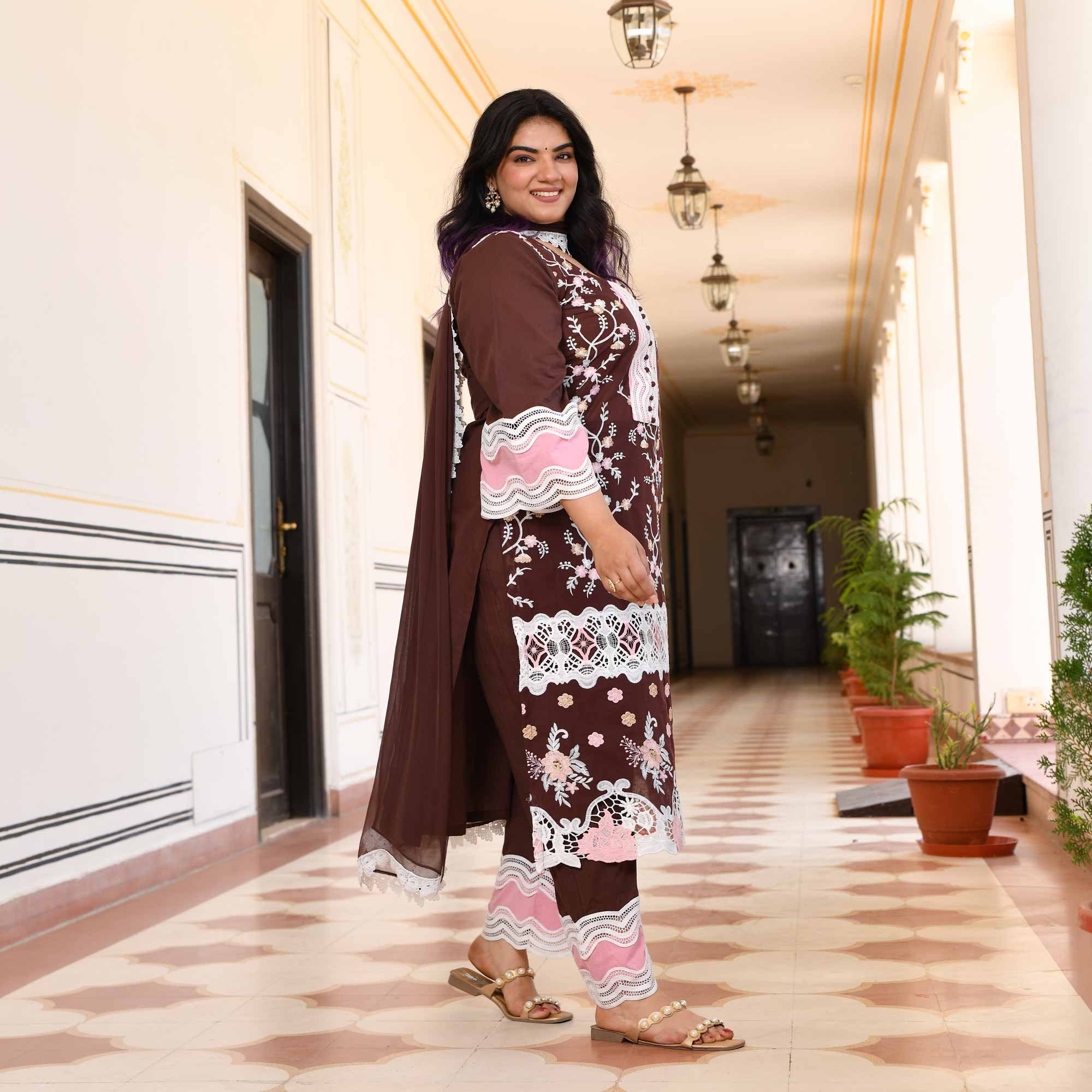Sahaj- Deep Coffee Chikankari Embroidered Pure Cotton Suit Set