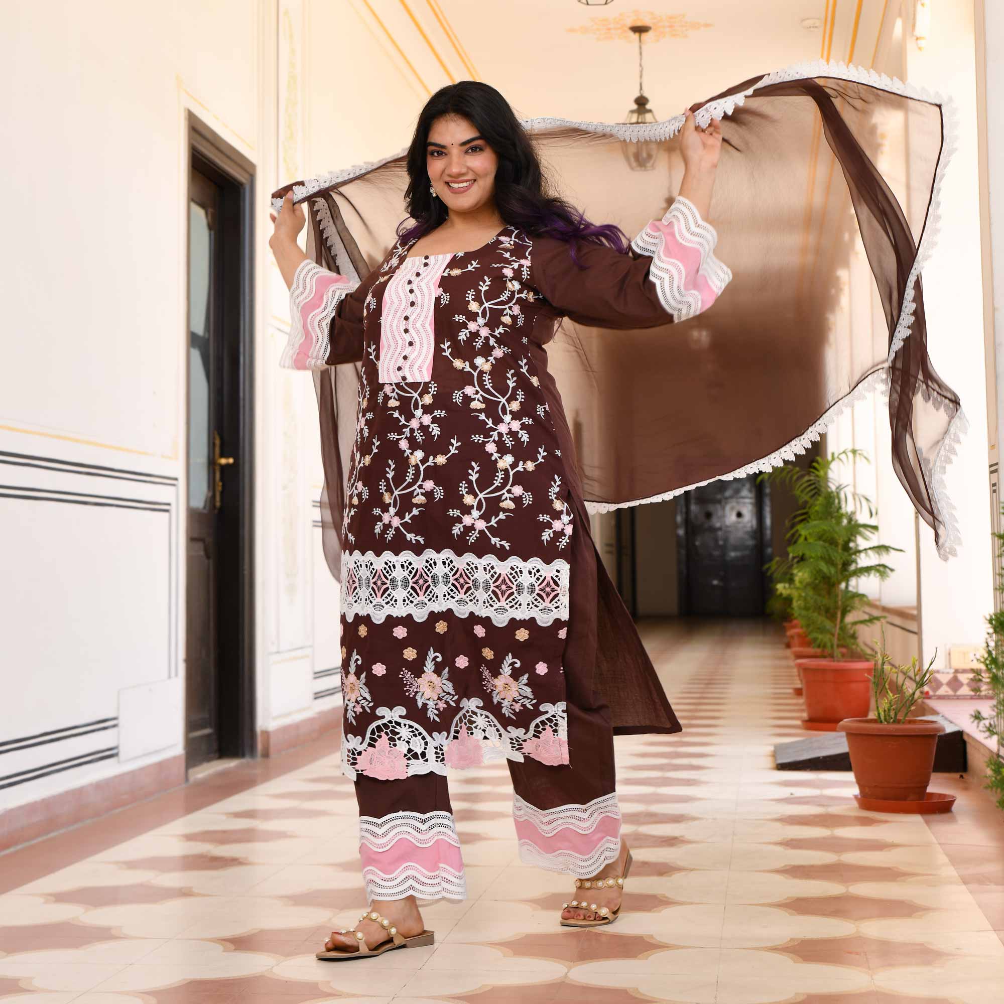 Sahaj- Deep Coffee Chikankari Embroidered Pure Cotton Suit Set