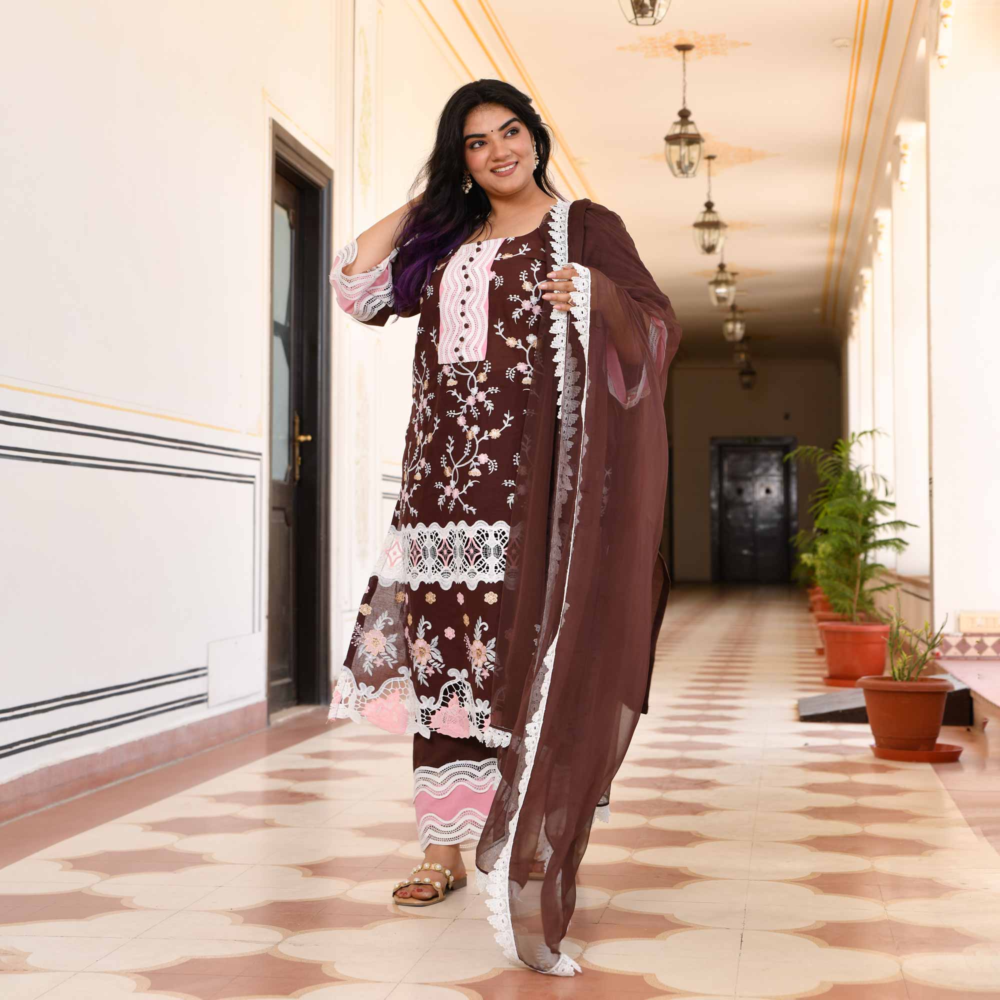 Sahaj- Deep Coffee Chikankari Embroidered Pure Cotton Suit Set