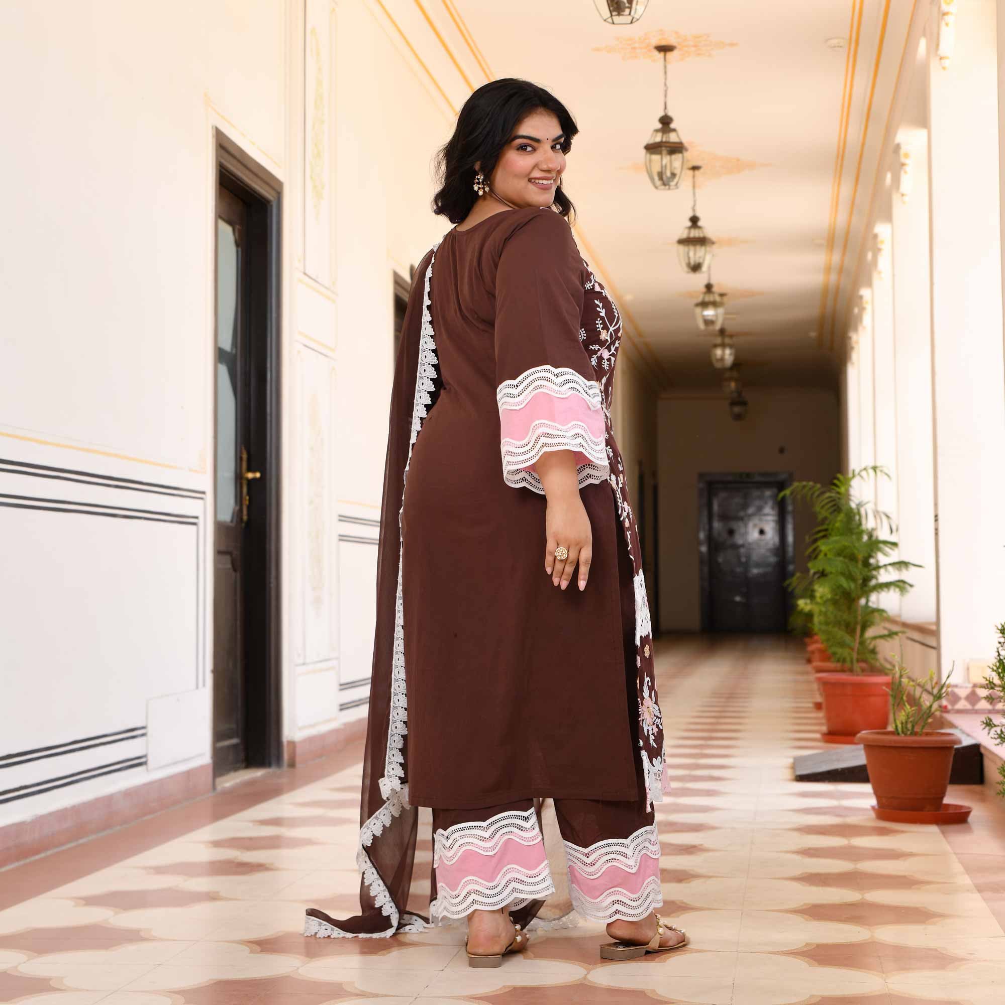 Sahaj- Deep Coffee Chikankari Embroidered Pure Cotton Suit Set