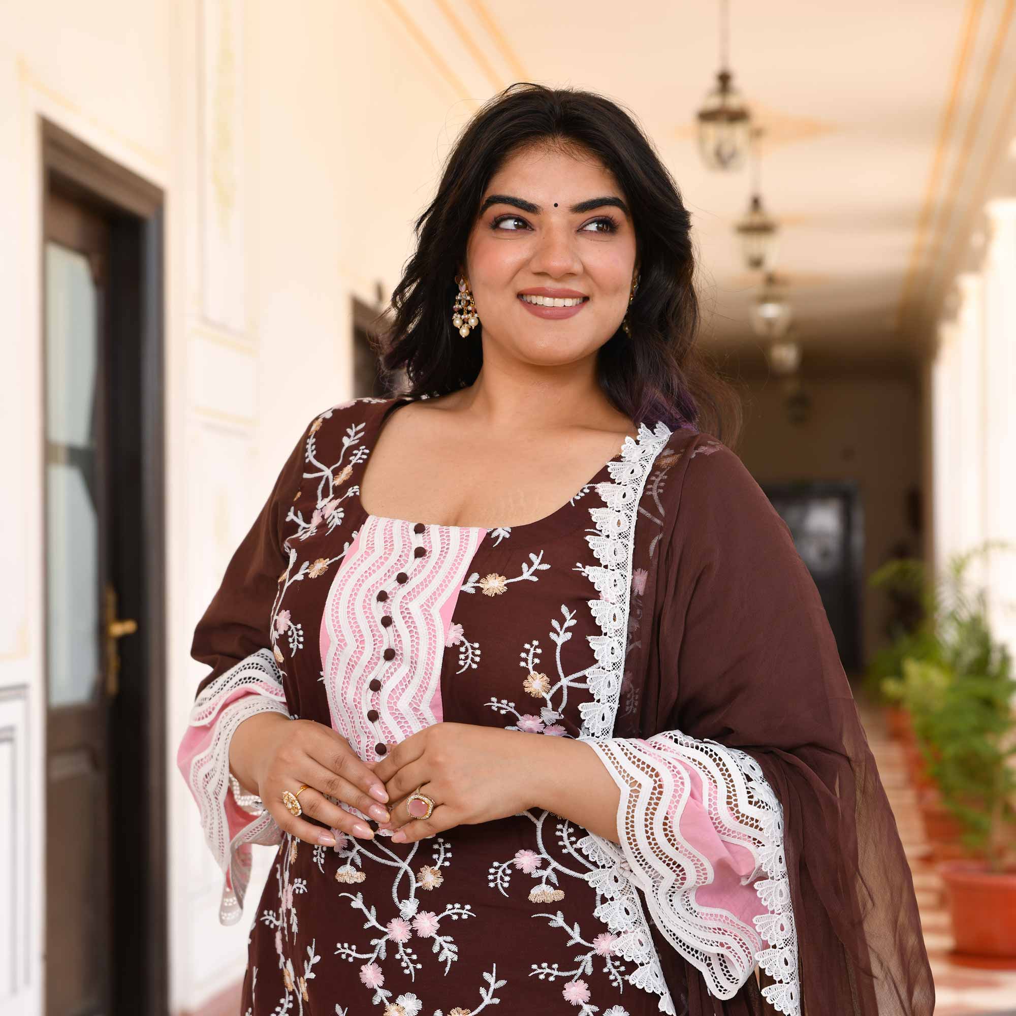 Sahaj- Deep Coffee Chikankari Embroidered Pure Cotton Suit Set