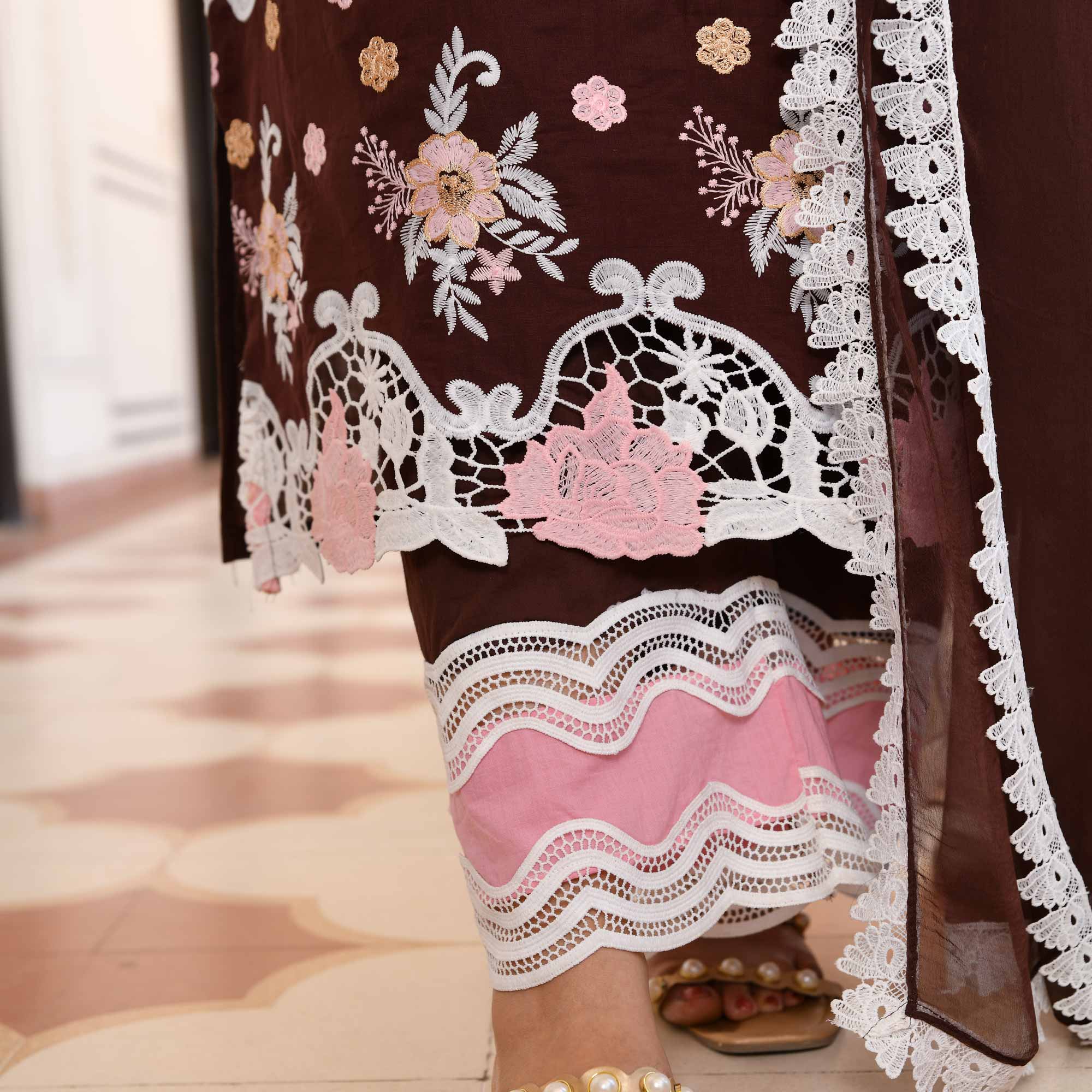 Sahaj- Deep Coffee Chikankari Embroidered Pure Cotton Suit Set