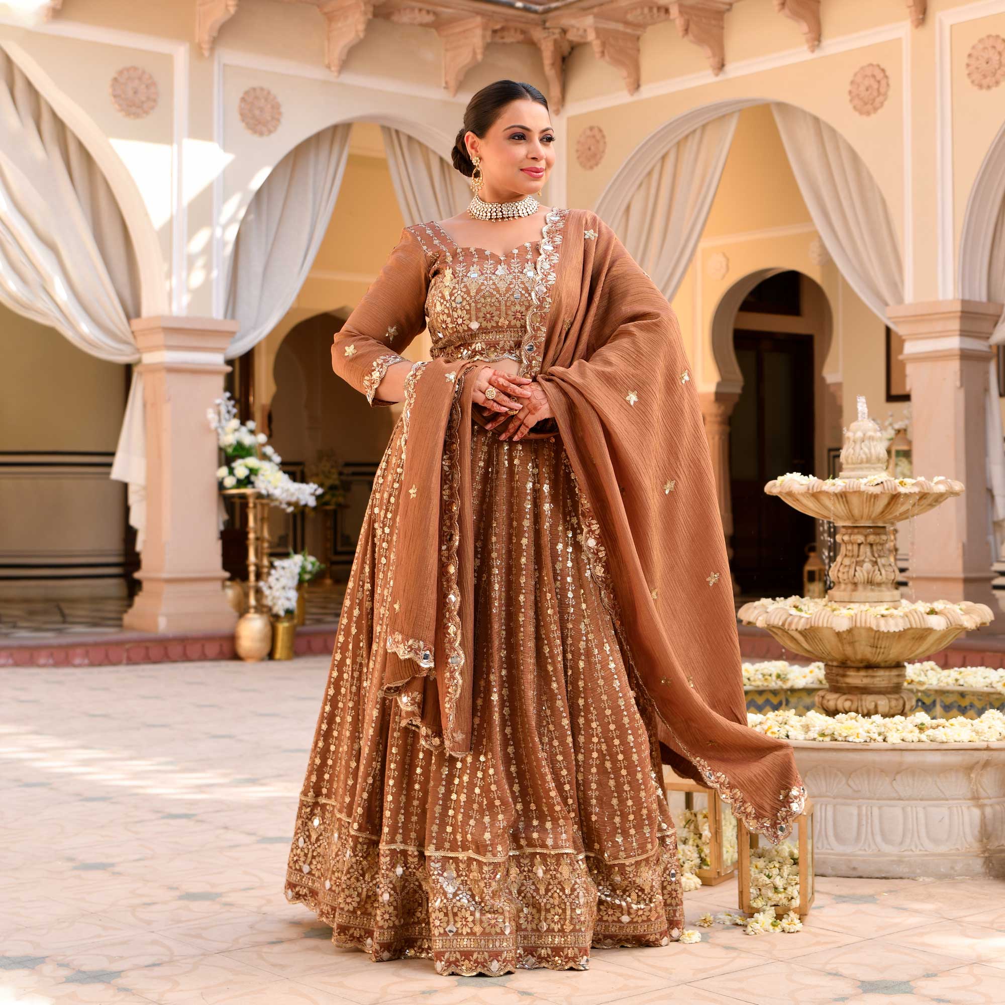 Paro- Ash Brown Crushed Sequin Embroidered Pure Tissue Silk Lehenga Set