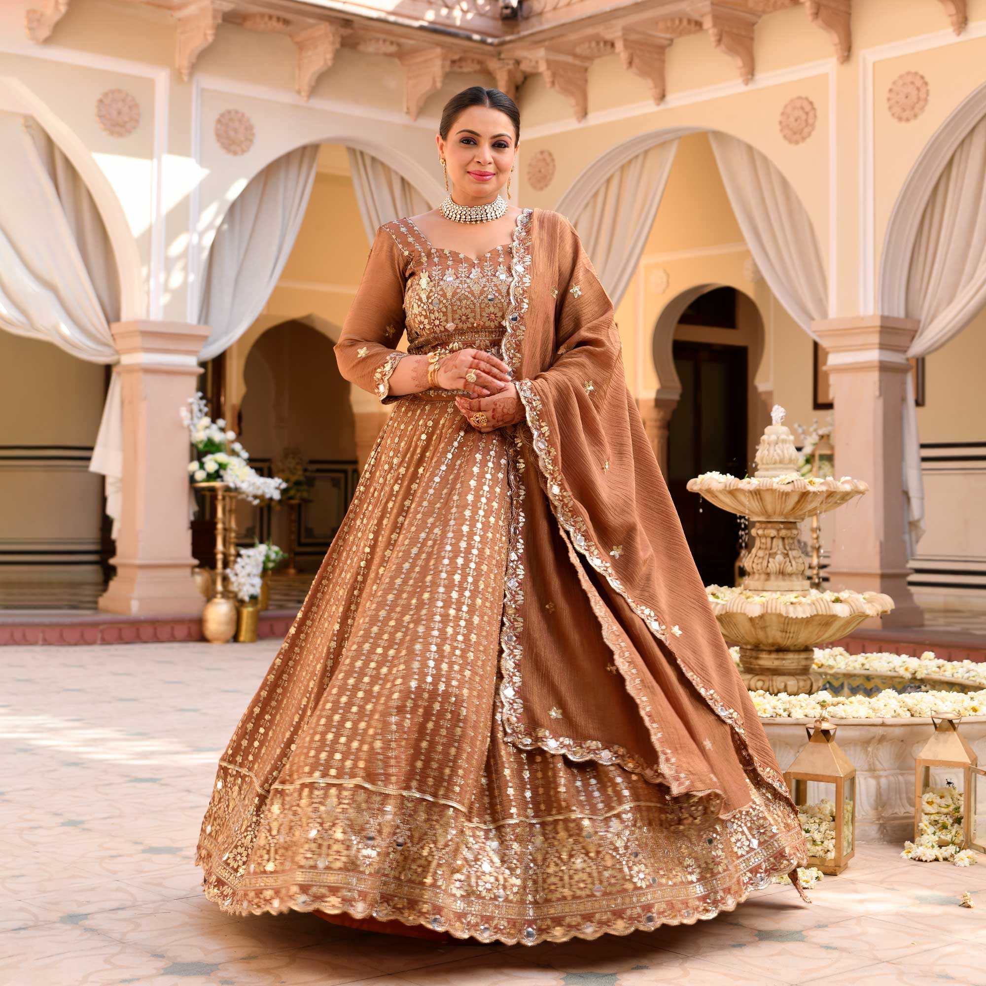 Paro- Ash Brown Crushed Sequin Embroidered Pure Tissue Silk Lehenga Set
