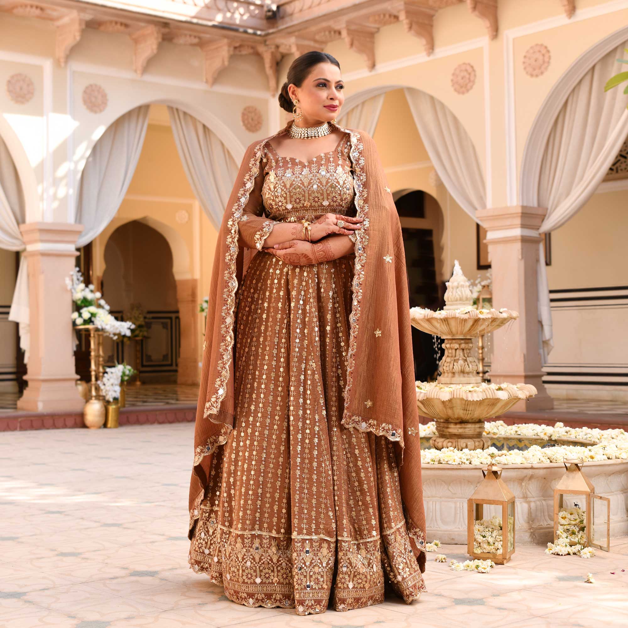 Paro- Ash Brown Crushed Sequin Embroidered Pure Tissue Silk Lehenga Set