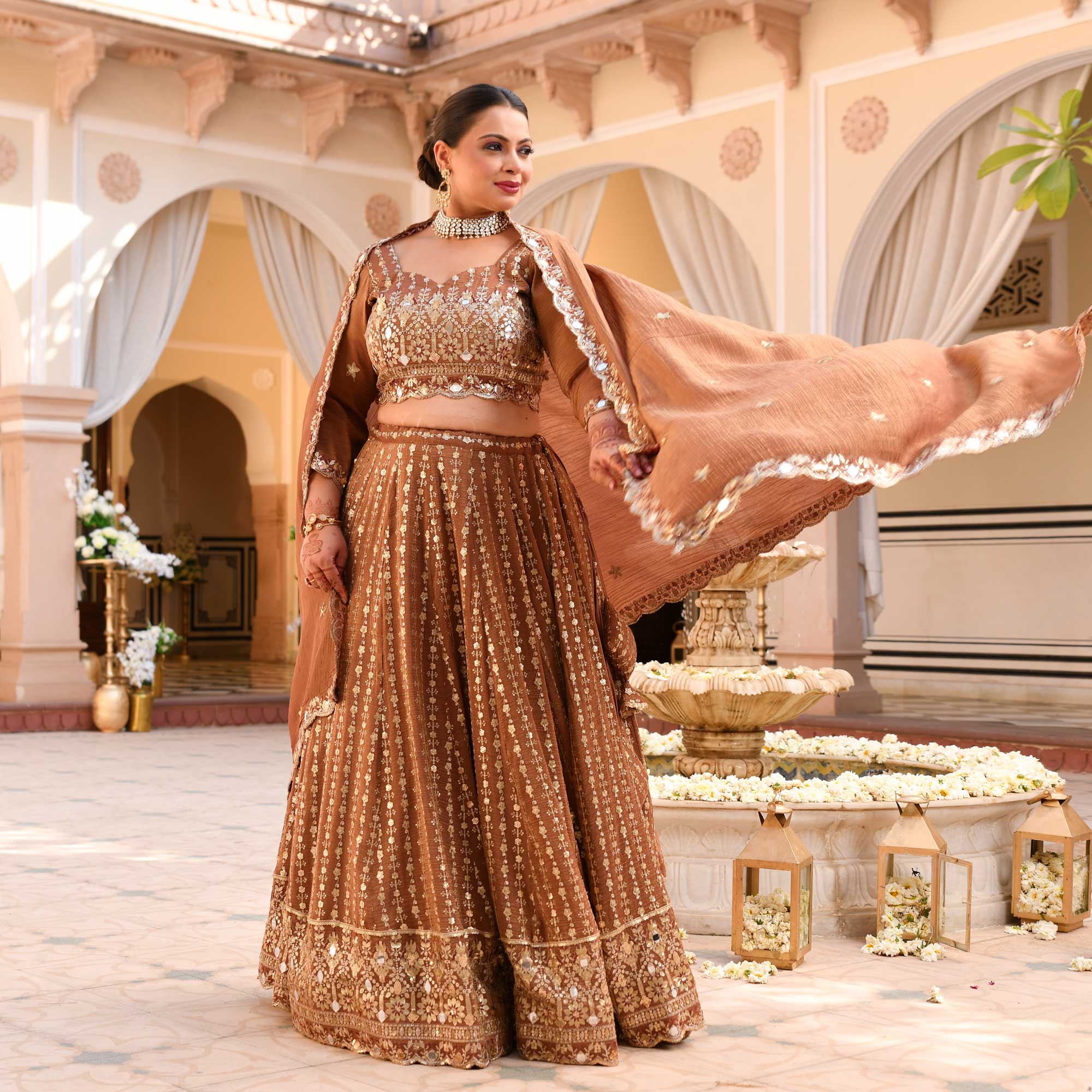 Paro- Ash Brown Crushed Sequin Embroidered Pure Tissue Silk Lehenga Set