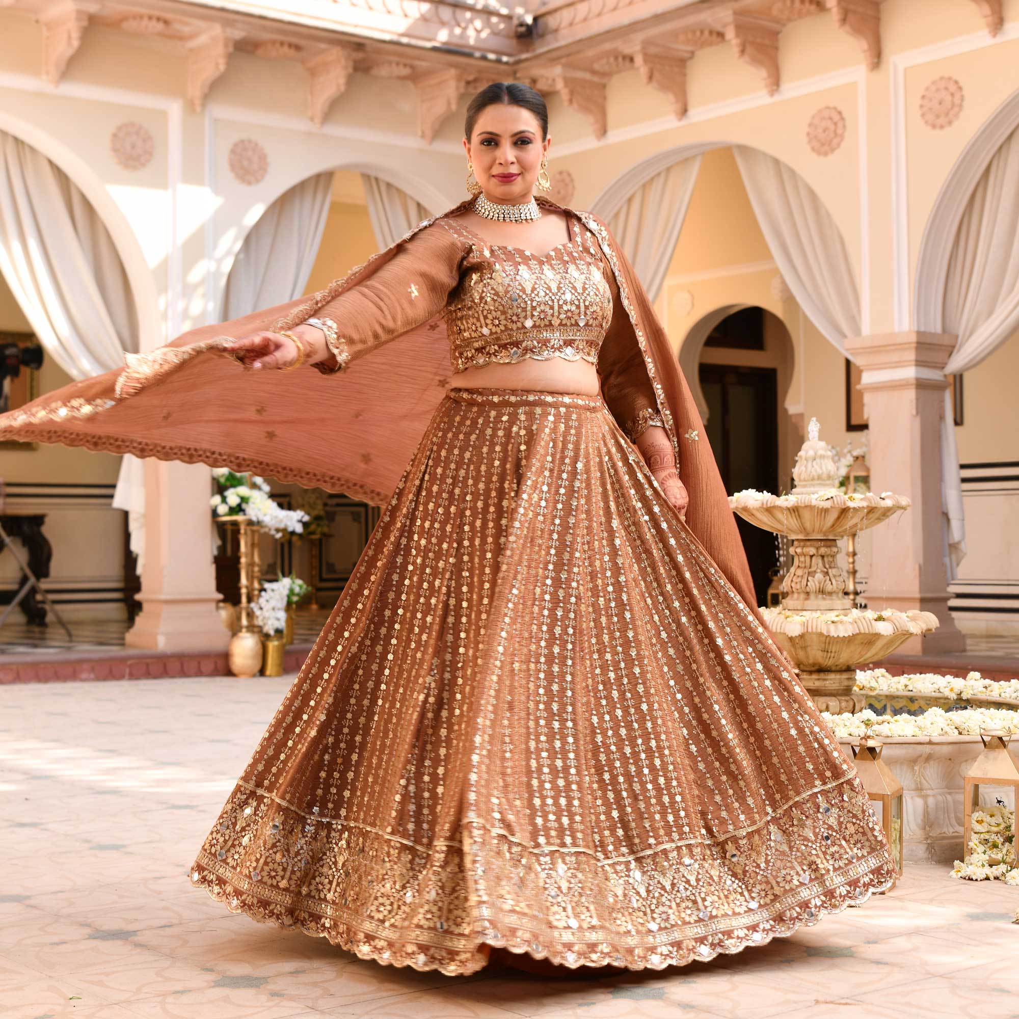 Paro- Ash Brown Crushed Sequin Embroidered Pure Tissue Silk Lehenga Set