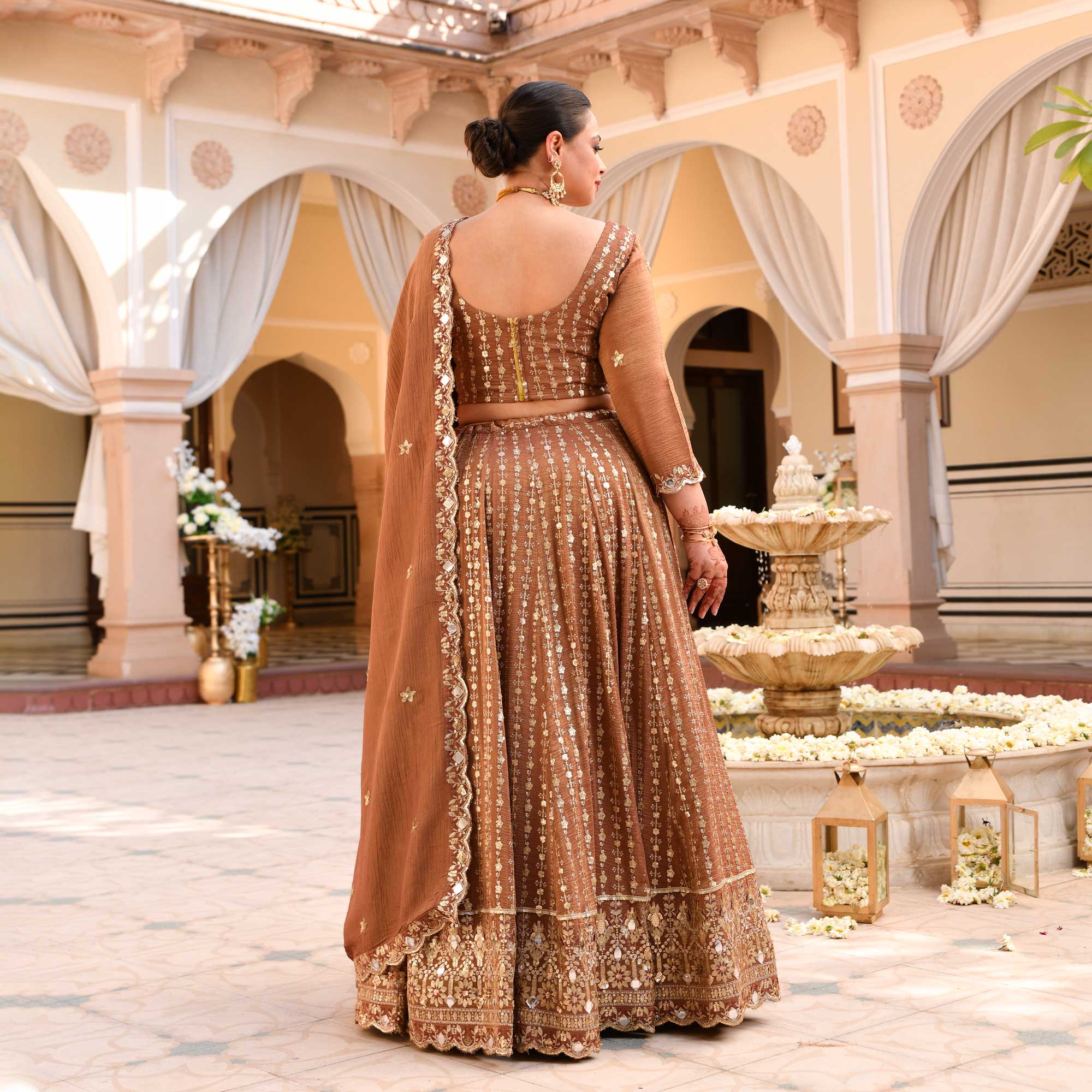 Paro- Ash Brown Crushed Sequin Embroidered Pure Tissue Silk Lehenga Set