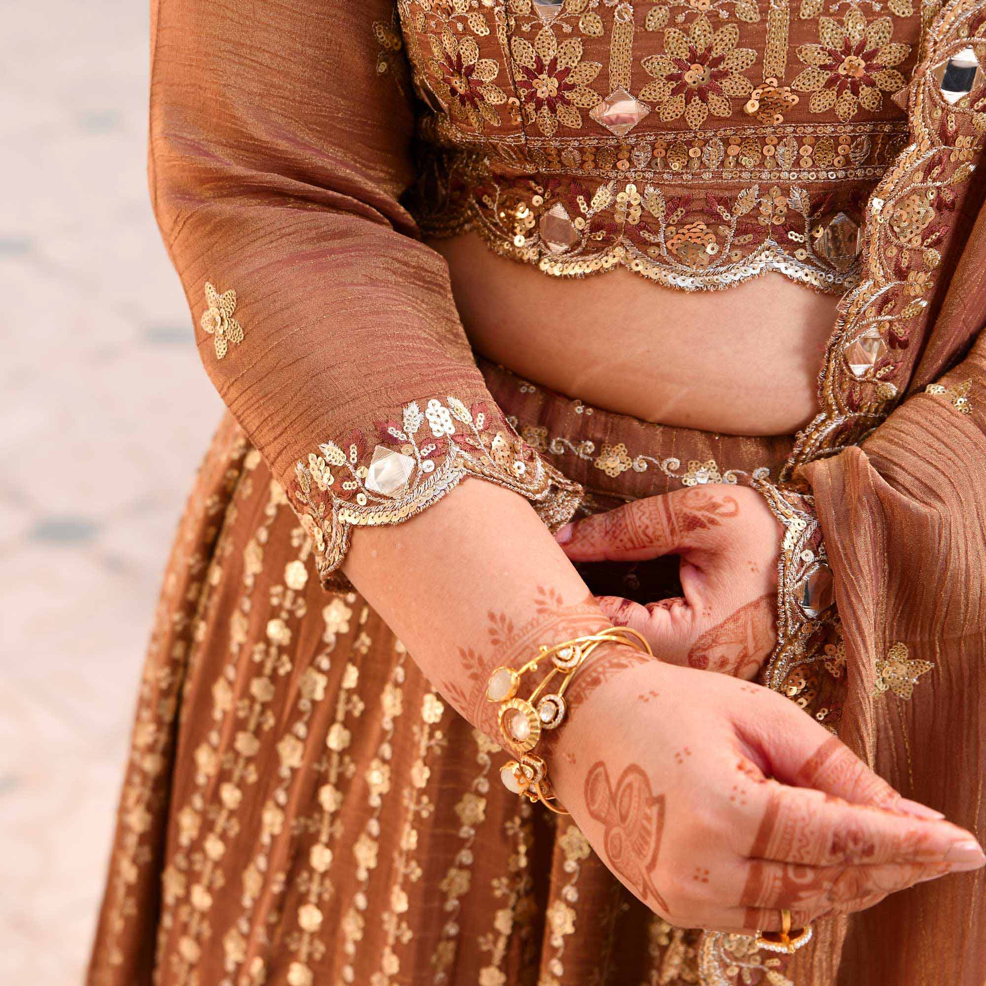 Paro- Ash Brown Crushed Sequin Embroidered Pure Tissue Silk Lehenga Set