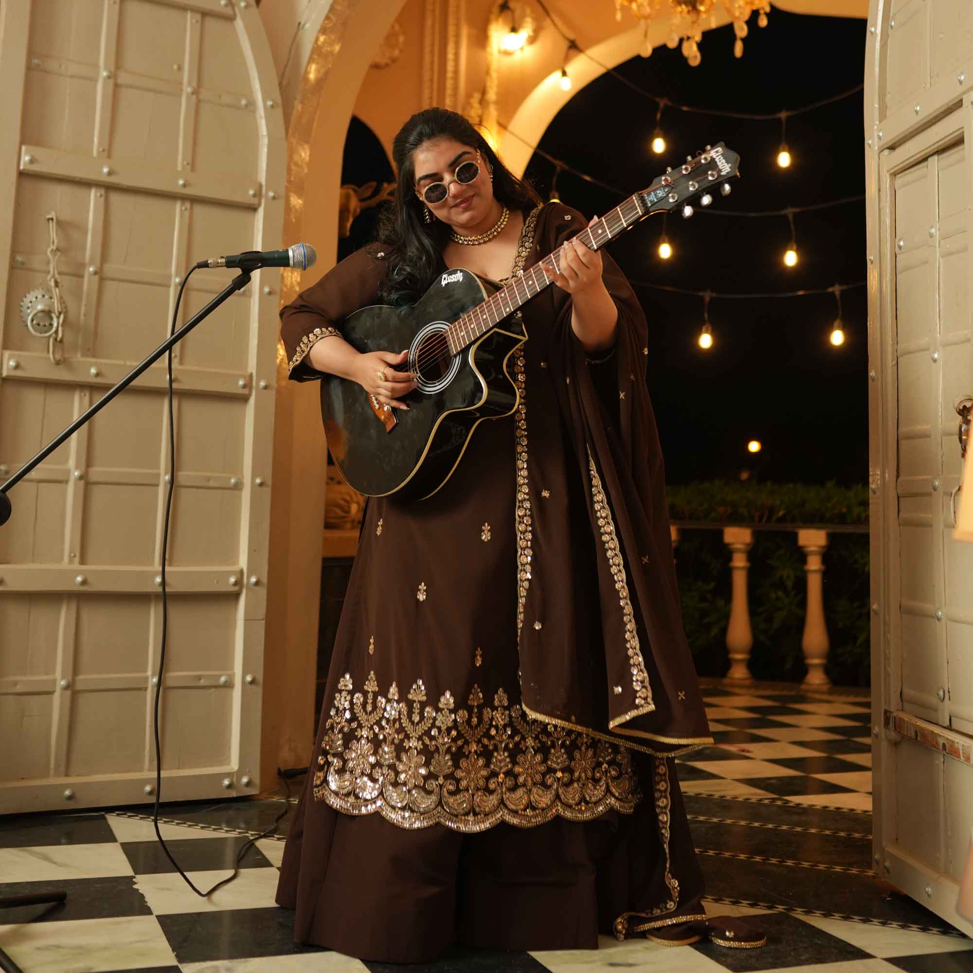 Dekha Ek Khwab- Coffee Cutdana Embroidered Georgette Kurta Skirt Set