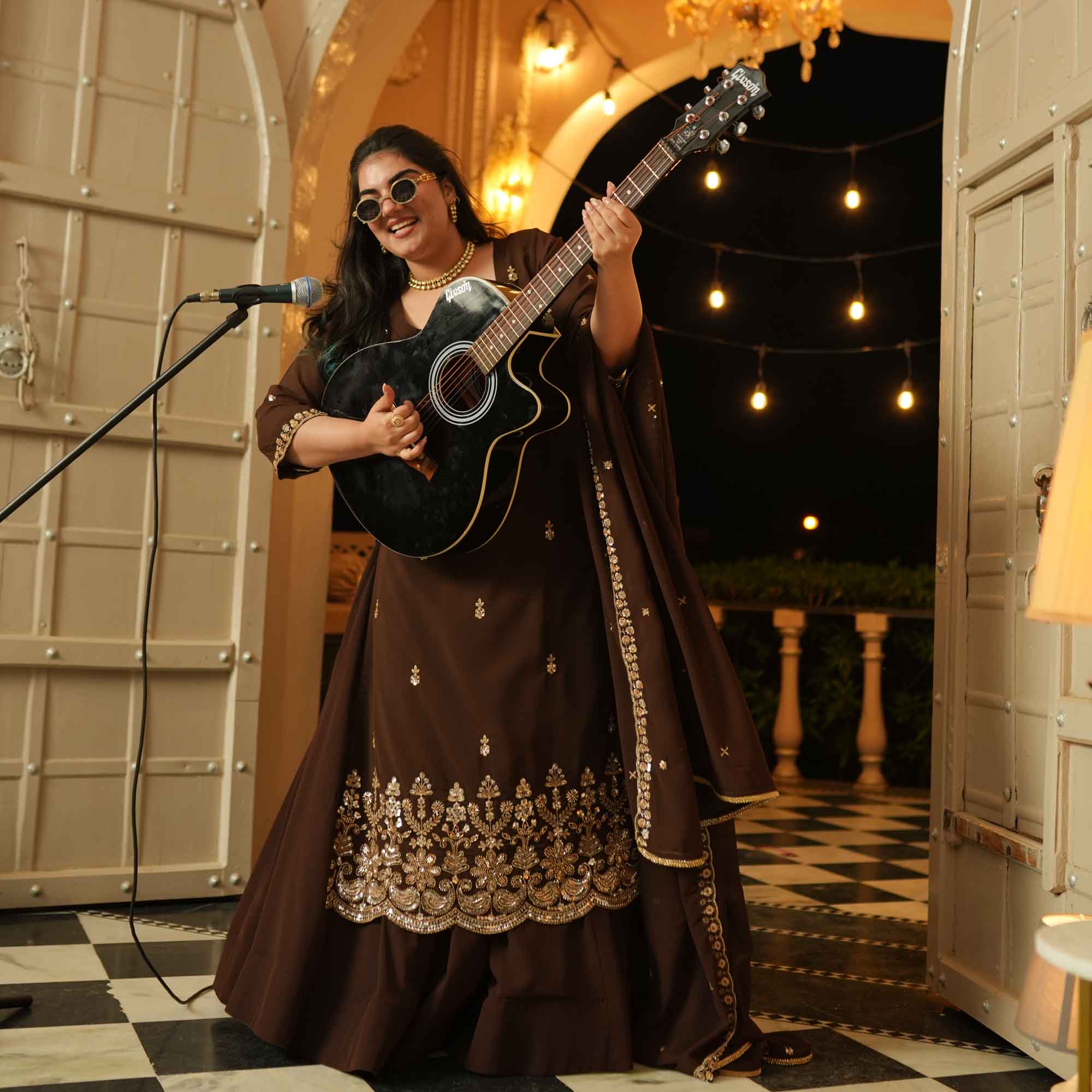 Dekha Ek Khwab- Coffee Cutdana Embroidered Georgette Kurta Skirt Set