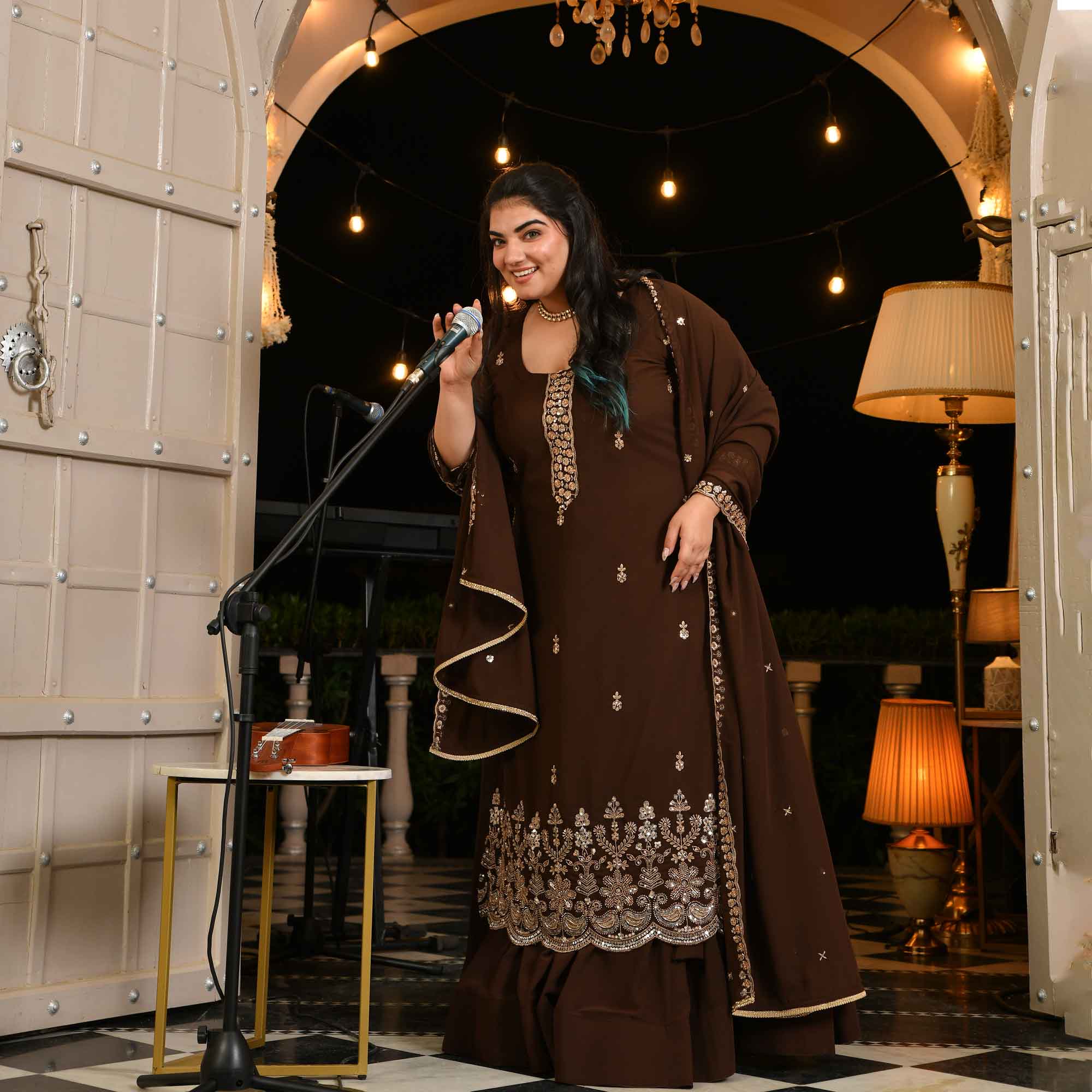 Dekha Ek Khwab- Coffee Cutdana Embroidered Georgette Kurta Skirt Set